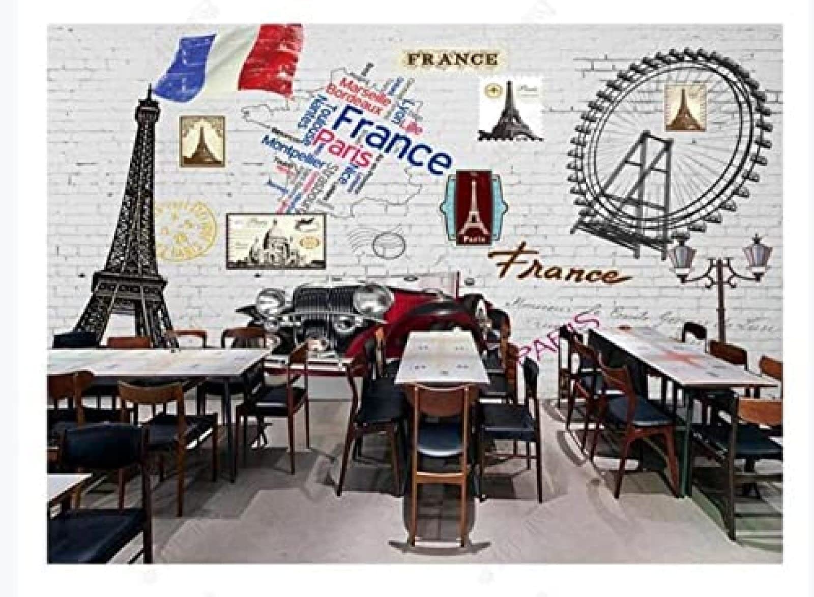 European and American Retro Nostalgic White Brick Wall French Eiffel Impression Background Wall 3D Wallpaper Home Decor Paste Living Room The Wall for Bedroom Mural-150cm×105cm