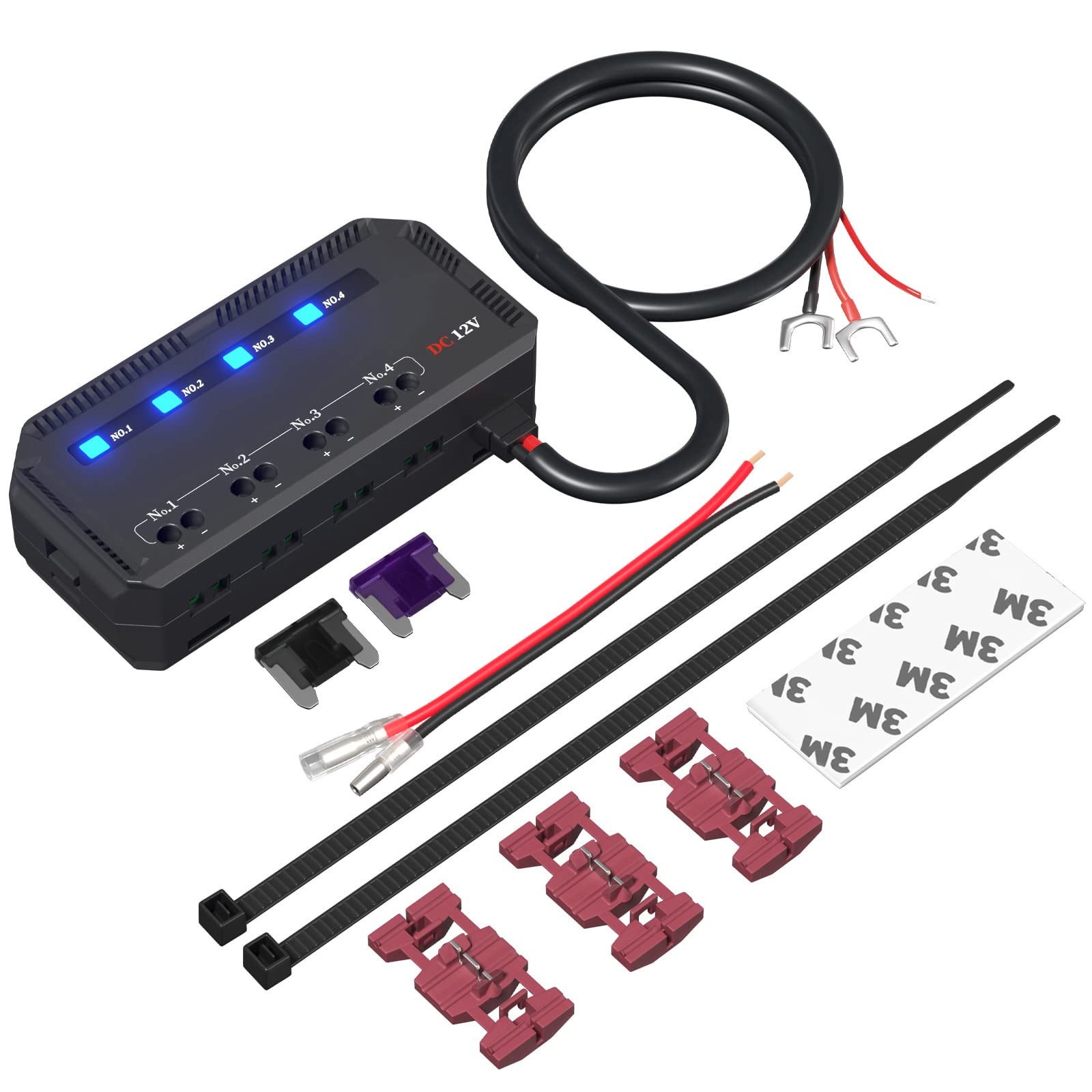 Boîte à fusibles 4 voies 12 V 20 A étanche avec indicateur LED - Noir - Automatique - RELAY - Cuivre - Normalement ouvert - Montage à vis - IP67 - Boîte à fusibles pour véhicules