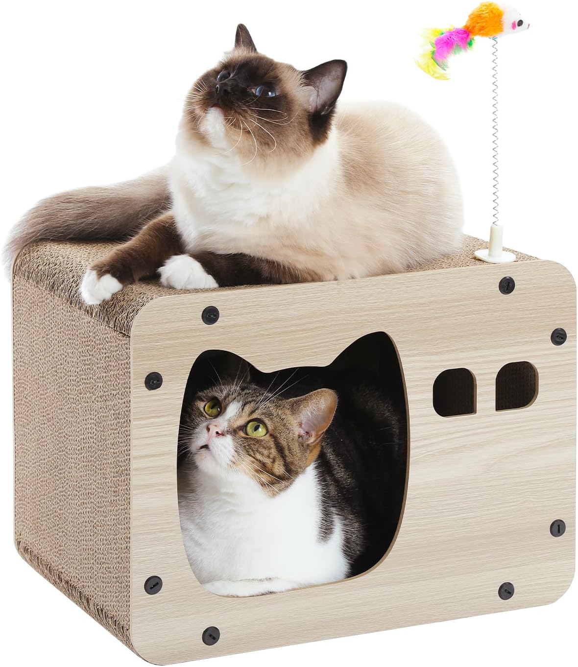 Cat Scratching Post Cat Cardboard House Cat Scratcher Board Cardboard Corrugated 2 in 1 All Sided Use Scratching Pad with Spring Mouse Toy for Indoor Cats 40x30x30cm
