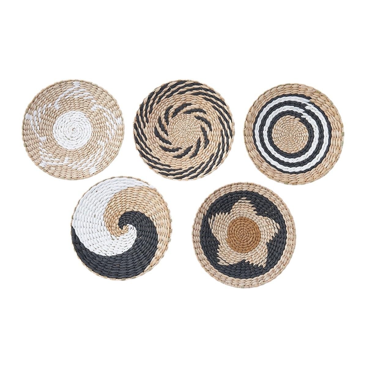 Juego de 5 cestas de pared bohemias hechas a mano, cestas planas de hierba marina tejida natural, decoración de pared para sala de estar o dormitorio, arte de pared único.