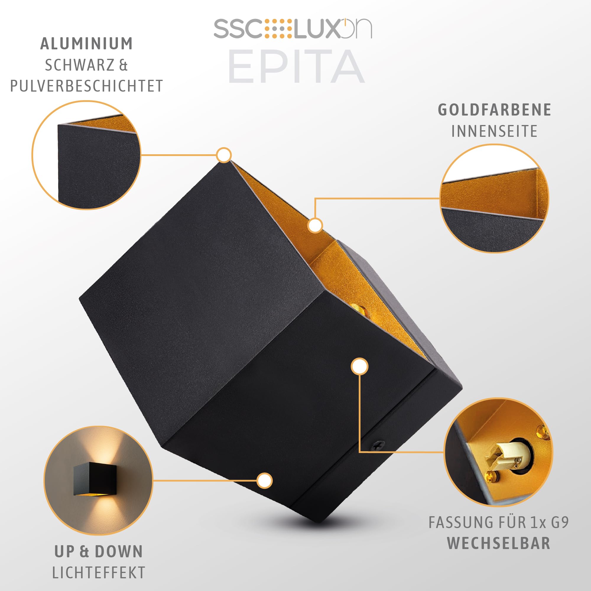 SSC-LUXon EPITA Wandleuchte 2 Stück Innen schwarz-gold Up & Down G9 | Zwei moderne Wandlampen schwarz mit goldenem Innenschirm - Up-Down-Licht für Flur, Treppenhaus & Schlafzimmer, G9-Fassung