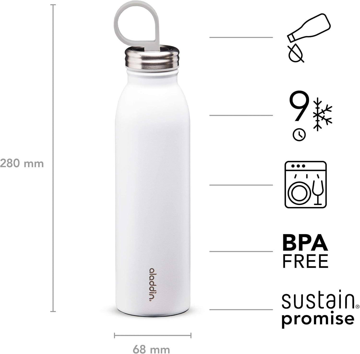 Aladdin Chilled Thermavac Stainless Steel Water Bottle 0.55L Snowflake White – Insulated Metal Water Bottle - Keeps Cold for 9 Hours - BPA-Free Thermos Flask - Leakproof - Dishwasher Safe