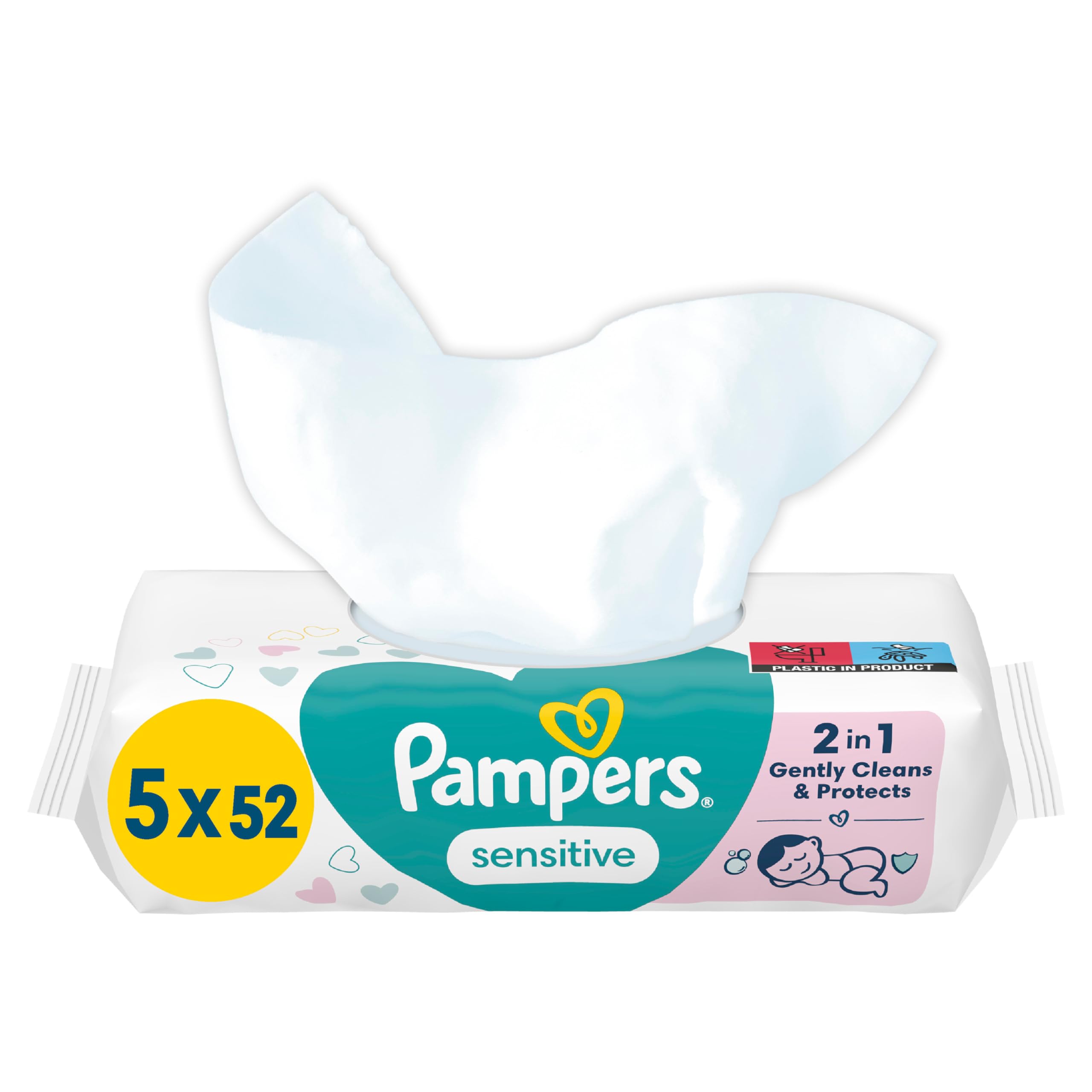 Pampers Sensitive Feuchttücher 5 Packungen mit 52 Stück - 260 Feuchttücher, ohne Duft, für eine sanfte und weiche Reinigung