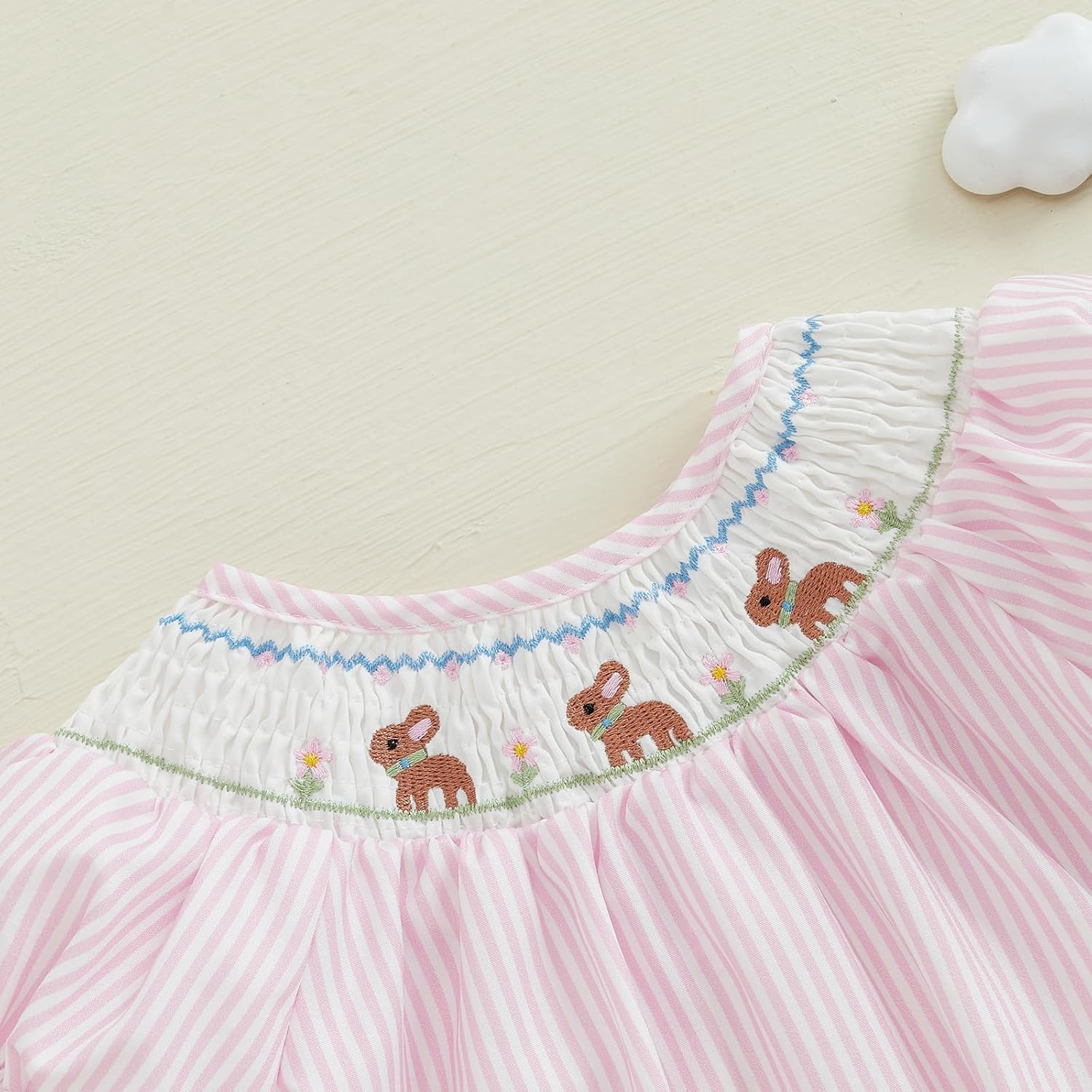 Adobabirl Baby Girl Easter Outfit Bunny Embroidery Smocked Bubble Romper Plaid Short Sleeve Bodysuit Cute Summer Clothes - Image 4