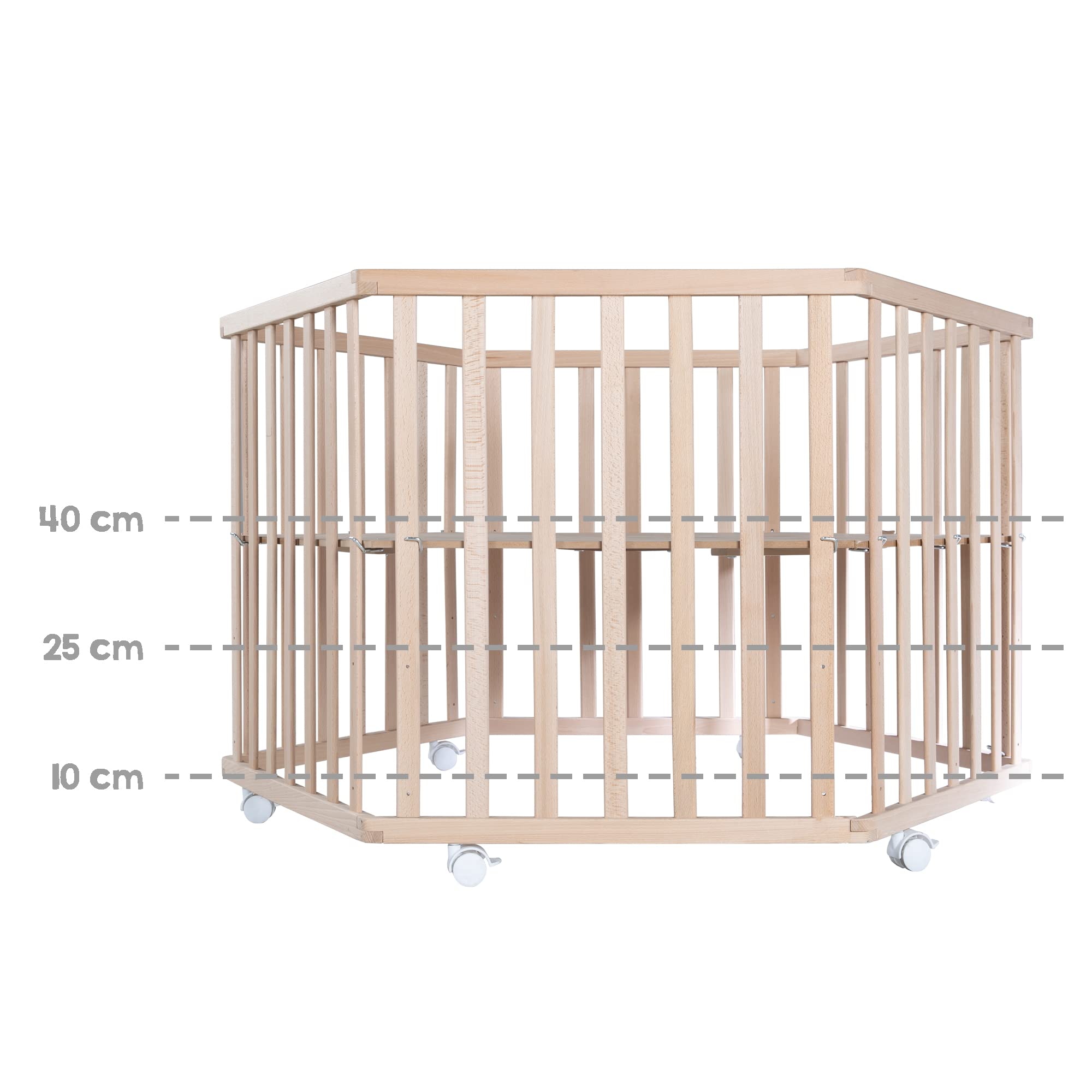 roba Parque Infantil Hexagonal de Madera Natural - Corralito de Juegos con Colchoneta Liebhabär con Motivos de Osos - Altura Ajustable - Móvil con Ruedas