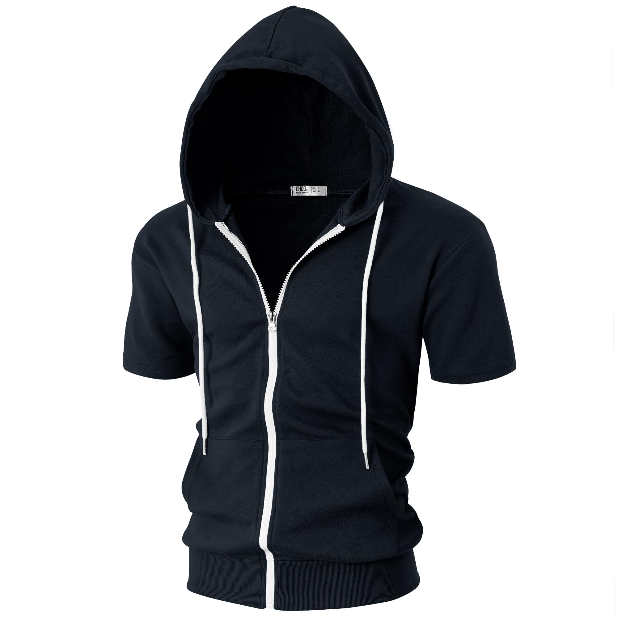 Ohoo Mens Slim Fit Zip up Hoodie Cotton Blend Soft Fabric Short Sleeve Lightweight Comfy Basic Jacket with Kanga Pocket