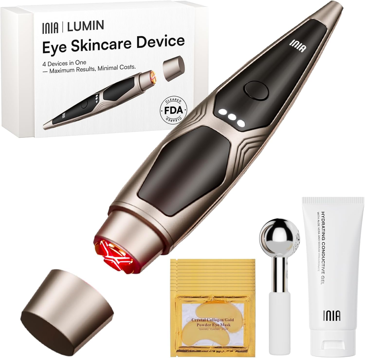 INIA Dispositivo Facial de Microcorriente para Contorno de Ojos | Con luz roja, calor y vibración, masajeador de ojos para el cuidado diario del contorno ocular