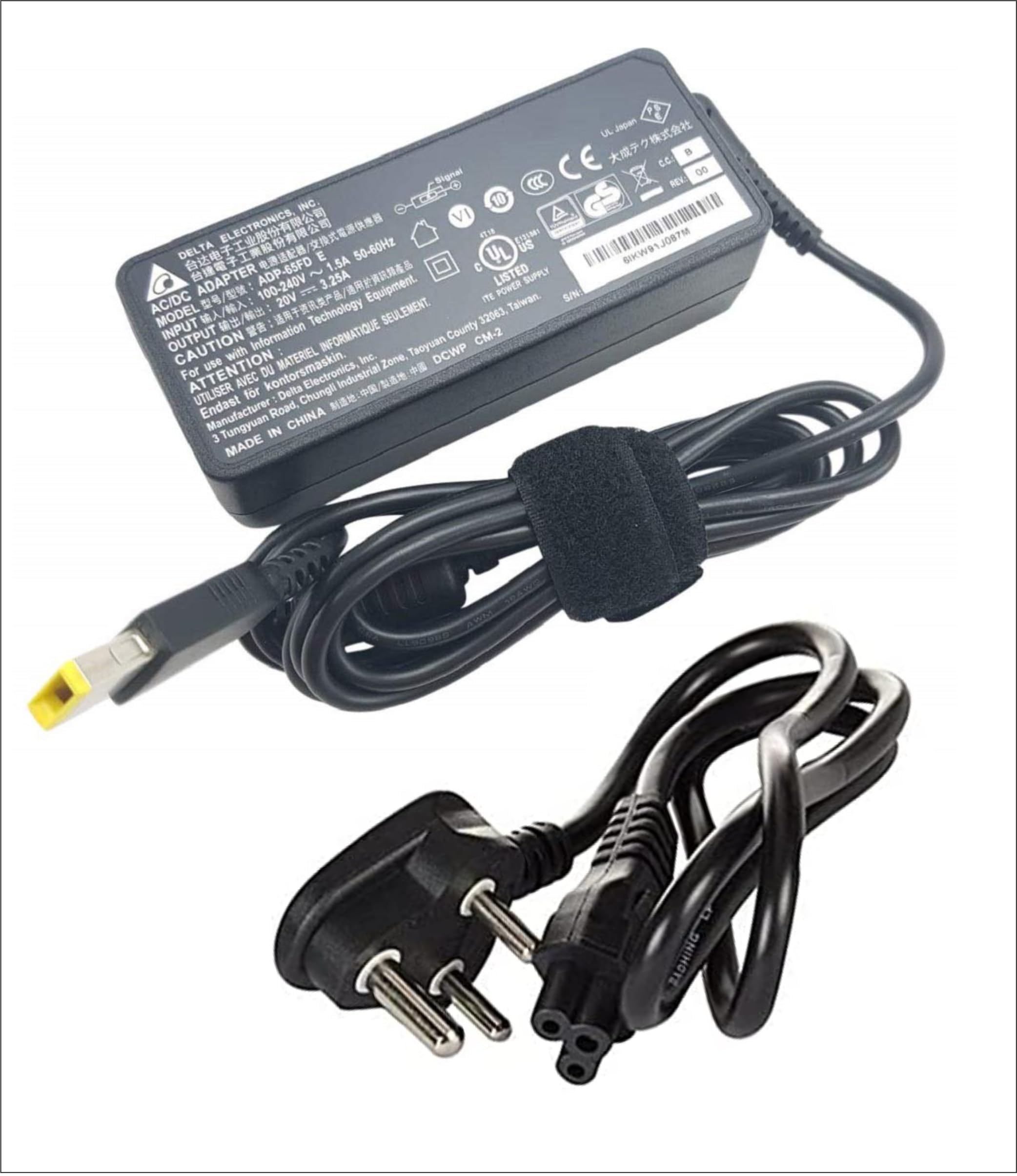 Lenovo 65W Orignal USB Slim Tip Rectangular pin Laptop Adapter/Charger for Select Models of Lenovo Laptops Black- (with 3 Pin Power Cable)-image-7