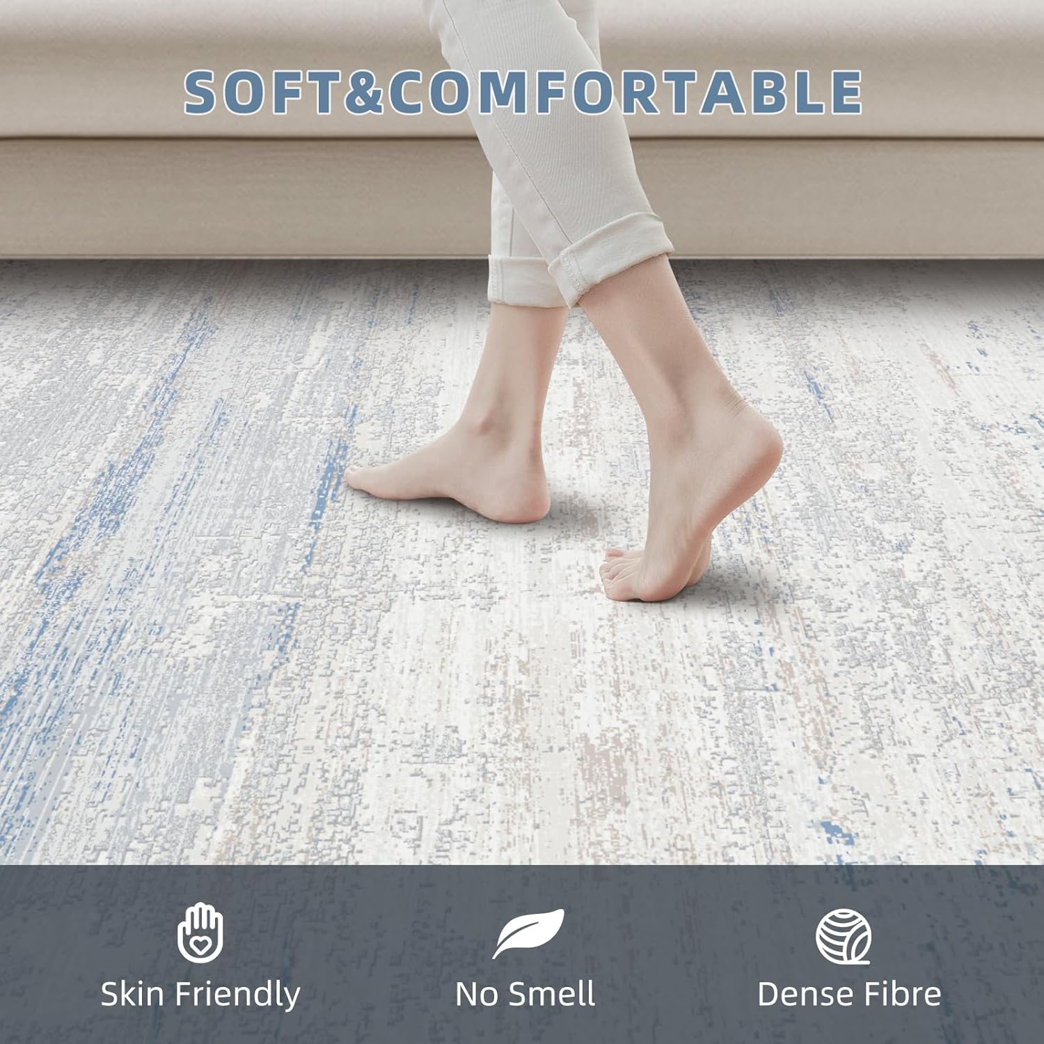 8x10 Beige, Blue, White Washable Rugs Area Rugs for Living Room- Modern Abstract Rugs for Bedroom,Dining Room, Large Soft Low Pile Carpet with Non Slip Rubber Backing,Neutral Accent Rug for Nursery Home Office