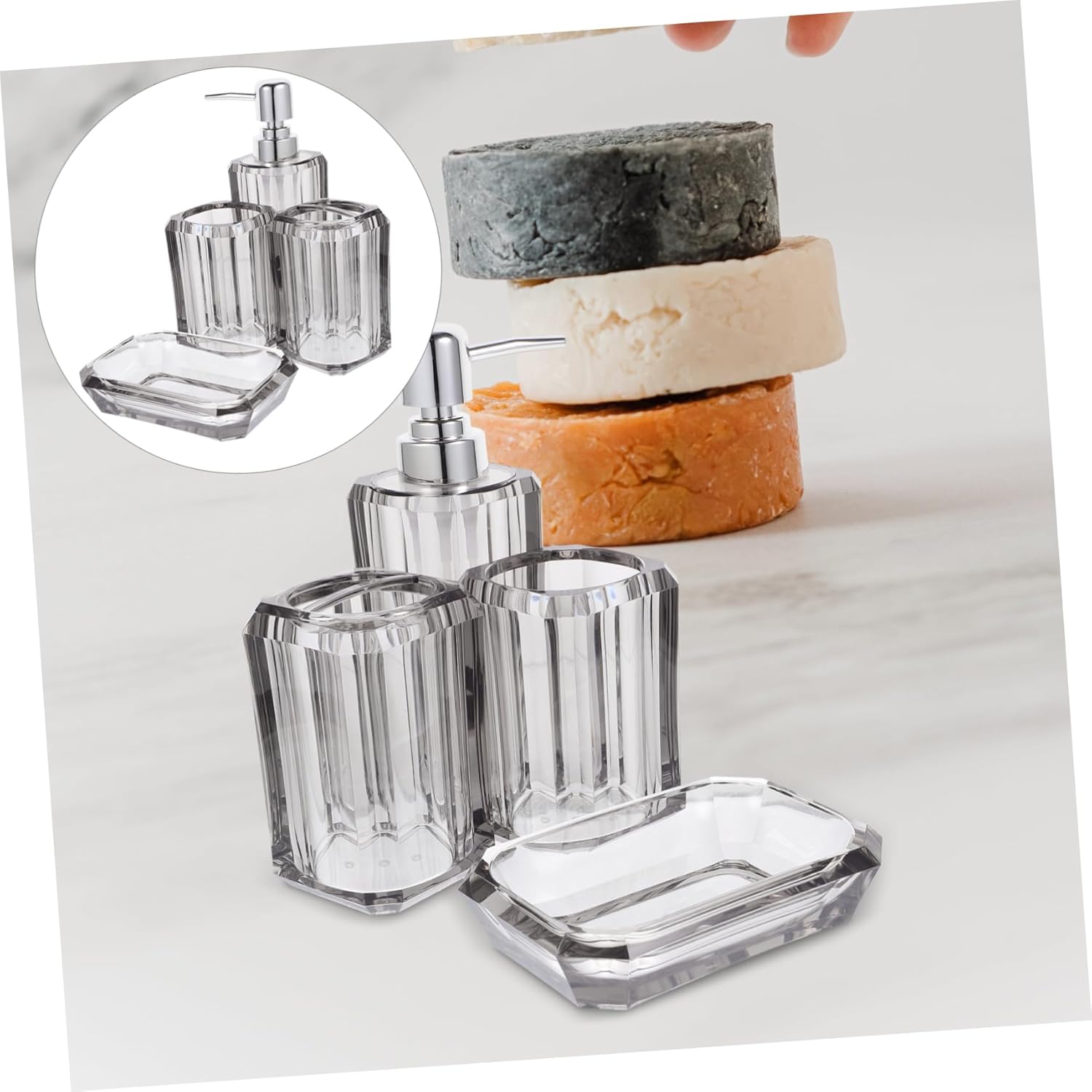 4-Piece Bathroom Accessories Set Acrylic Toothbrush Holder Soap Dispenser Toothbrush Cup and Soap Dish High-End Gray for Use