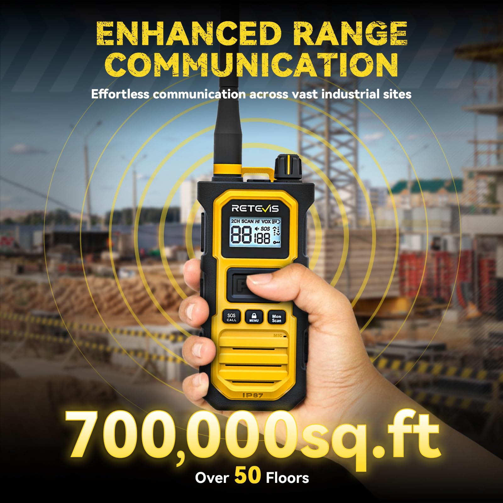 Retevis RB648 Pro Talkie Walkies, Talkie-Walkie Étanche IP67 avec Chargeur 6 Voies, 2800 mAh, Réduction Avancée du Bruit, Radio Bidirectionnelle Longue Portée Robuste pour Chantier (6 Pièces, Jaune)