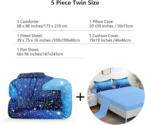 Miniatura 3 de ROWADALO 5 Pieces Blue Gradient Glitter Sparkles Comforter Set Twin Size Galaxy Starry Sky Bedding Sets 5 Pcs Bed In A Bag for Kids Teen Girls Ultra