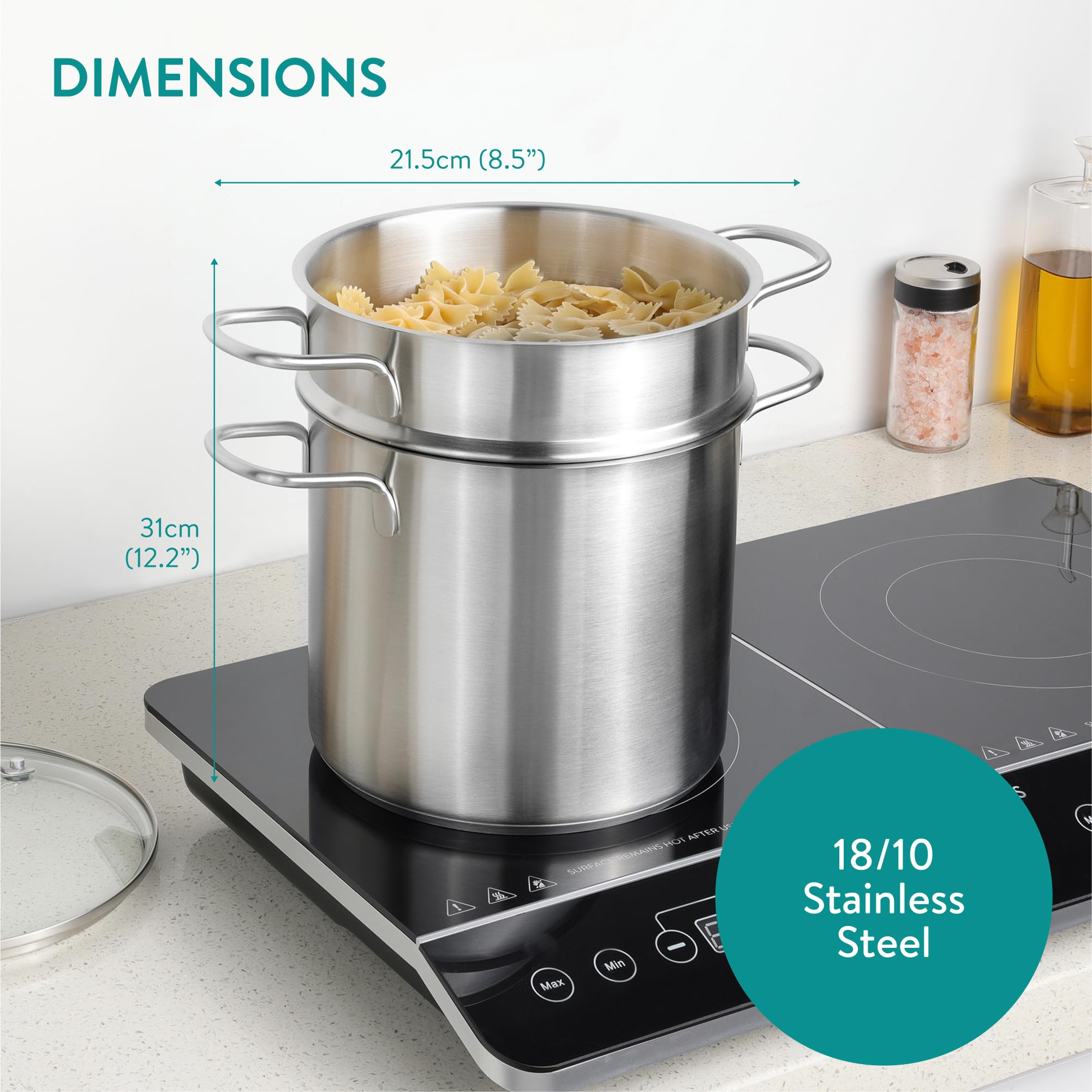 Navaris Olla de acero inoxidable para pasta y verduras, 5.7 L (6.1 cuartos de galón) – Maceta versátil – Apto para inducción, gas, eléctrico y horno – Lavavajillas