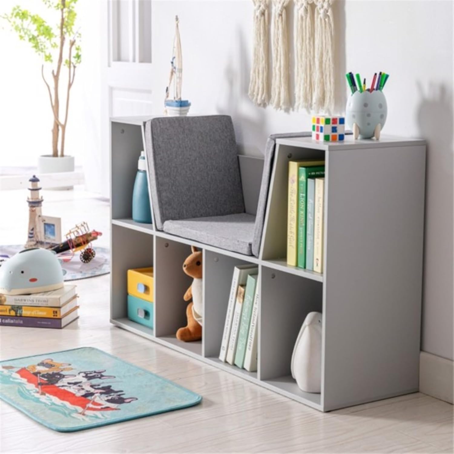 Modern Multi-Purpose Bookshelf, Kids Reading Nook Bench with Bookshelf, Kids Bookcase and Storage Organizer with Gray Seat Cushion, for Bedroom Entryway Study Room Playroom, Grey