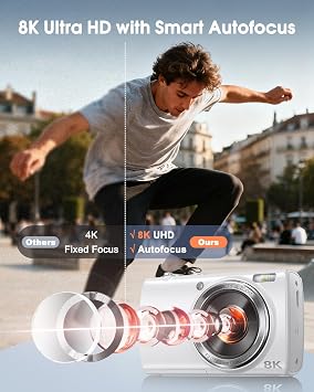 8K Digital Camera Photography 88MP WiFi Vlog Camera for YouTube with Front Rear Lens Auto Focus 16x Zoom Compact Travel Camera with Flash Touch Screen 64GB Card 2 Batteries White