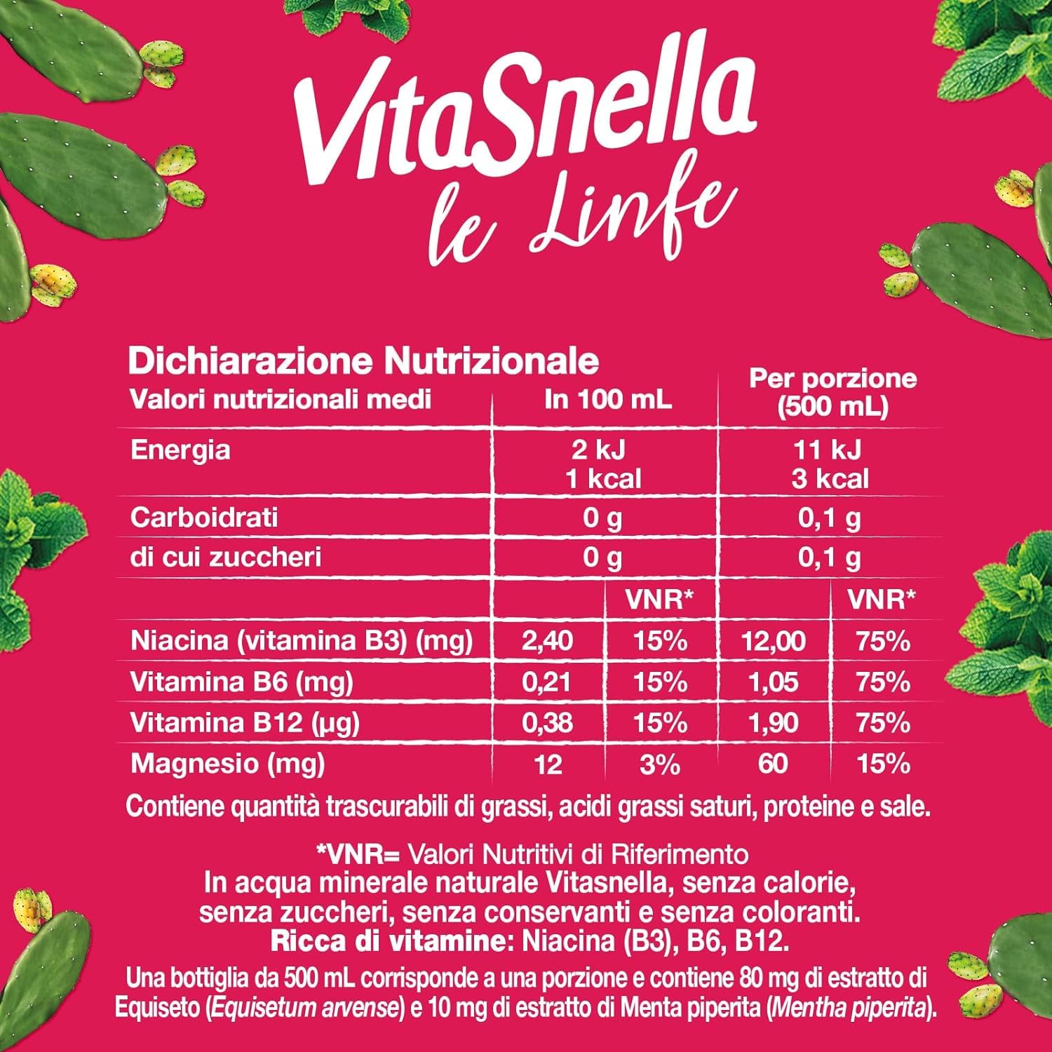 Vitasnella Le Linfe Acqua Minerale Naturale Sgonfiante con Acqua di Cactus e Menta Piperita e Vitamine B3, B6, B12 e Magnesio 500ml [CAIYA® BOX da 12 Bottiglie]