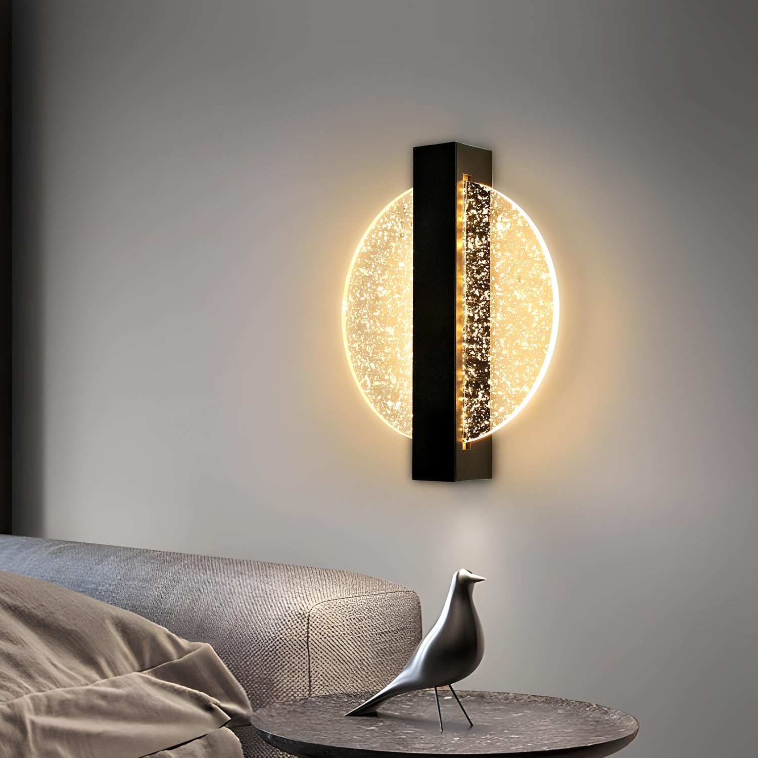 Comely Applique da Parete Interno LED, Nero 12W 1500LM Design Creativo Rotondato Lampada da Parete Moderno, Lampada Muro LED Interno per Camera da Letto Soggiorno Corridoio Scale,Bianco Caldo 3000K