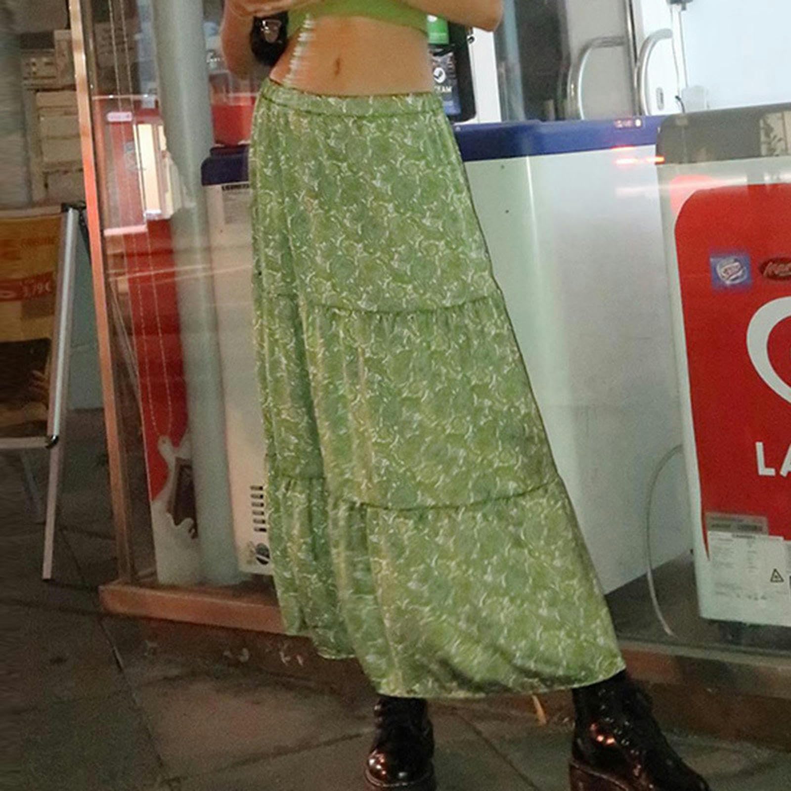 Gonna a Ruota Stampata Verde Gonna a Trapezio in Maglia Larga da Donna Gonna Casual - Verde - M