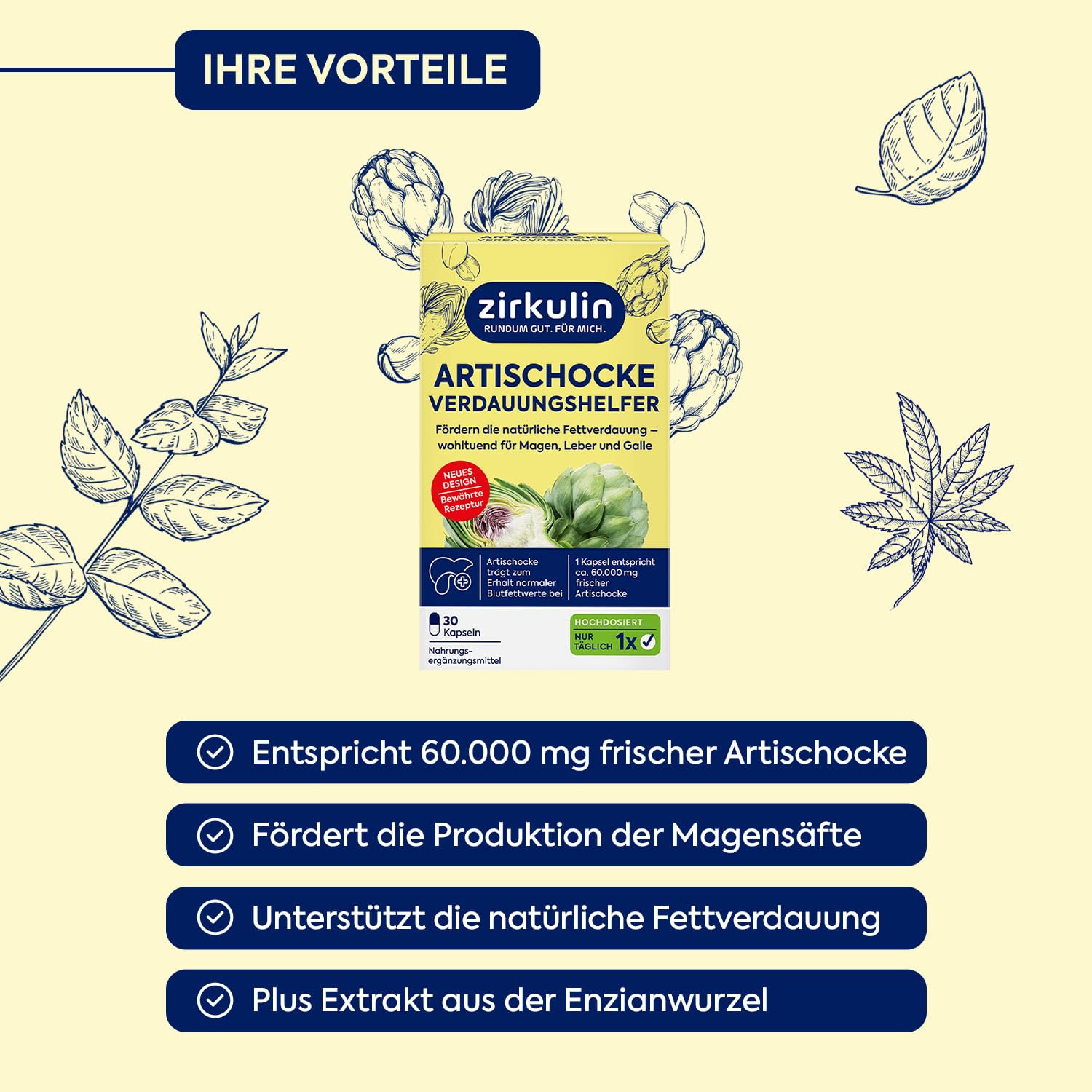 Zirkulin Artischocke Verdauungshelfer 180 Kapseln - 60.000mg pro Kapsel- Hochdosiert - effektive Unterstützung der natürlichen Fettverdauung - wohltuend für Magen, Leber und Galle