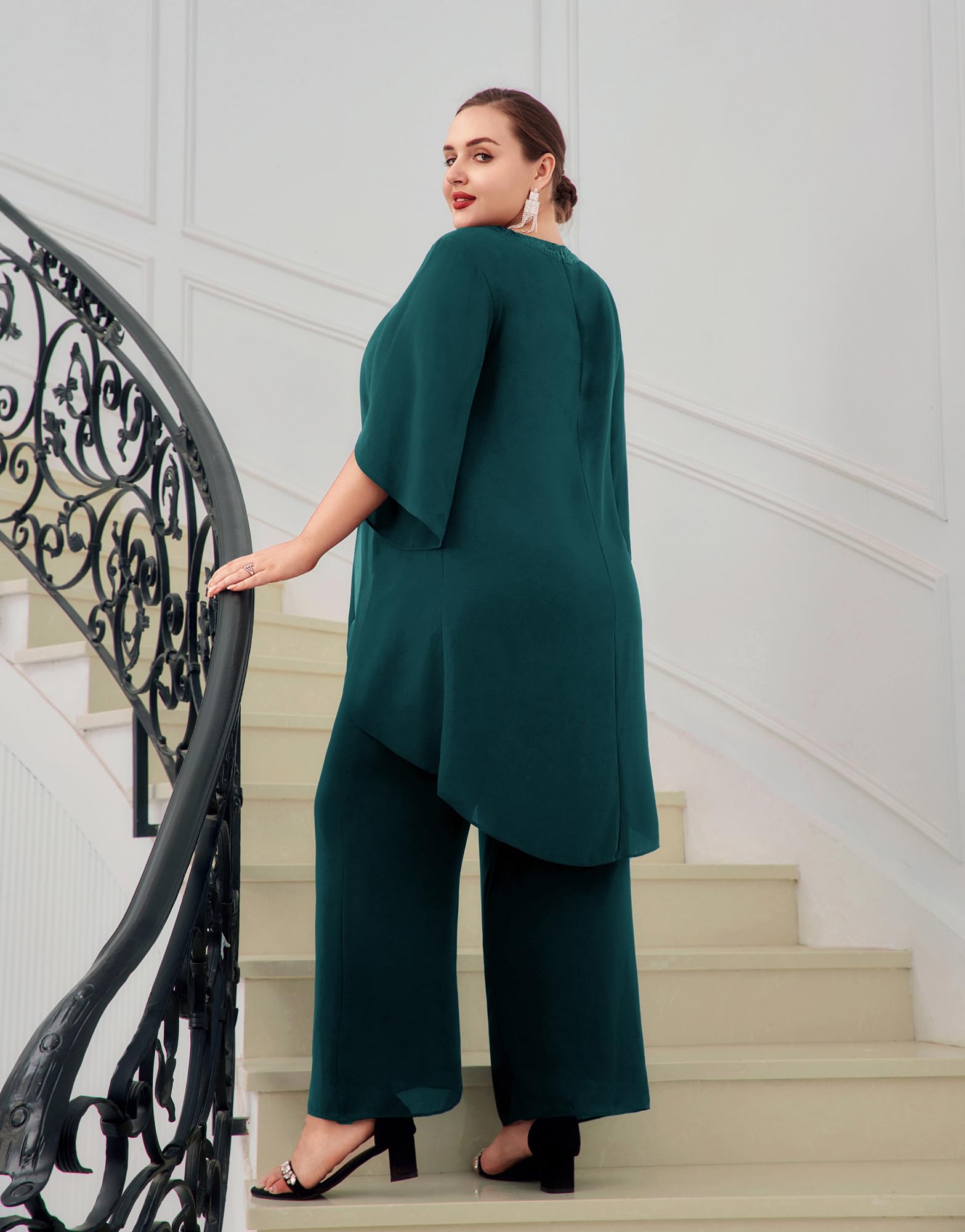 Hanna Nikole Damski strój wieczorowy w dużych rozmiarach, szyfonowy, elegancki, dwuczęściowy, odświętny strój, dla gości weselnych, na uroczystość, moda wieczorowa, cekiny, okrągły dekolt, wysoki