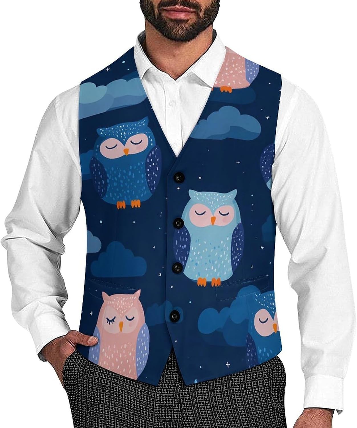 Cartoon Owl Night Sky Suit Vest for Men Slim Fit Business Dress Waistcoat for Suits Tuxedo