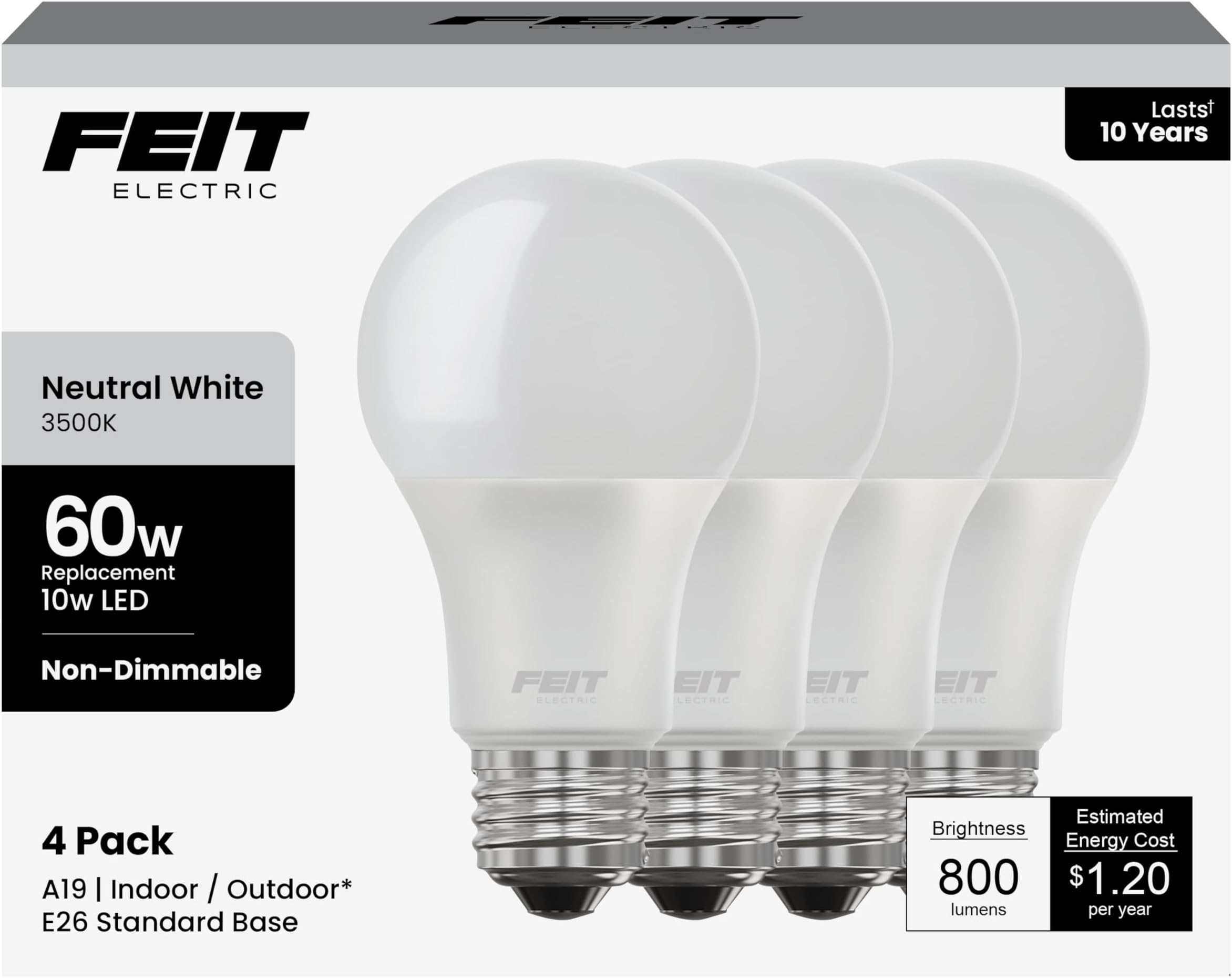 Feit Electric A19 LED Light Bulb, 60W Equivalent, E26 Medium Base, 800 Lumens, 3500K Neutral White, Non-Dimmable Standard Light Bulb, 10-Year Lifetime, A800/835/10KLED/4, 4 Packs