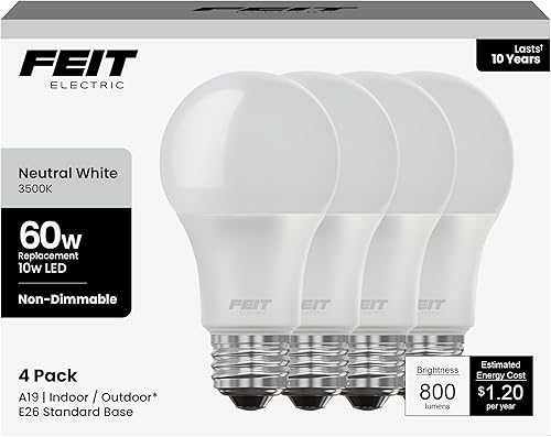 Feit Electric Bombilla LED A19, equivalente a 60 W, base media E26, 800 lúmenes, blanco neutro 3500 K, bombilla estándar no regulable, vida útil de