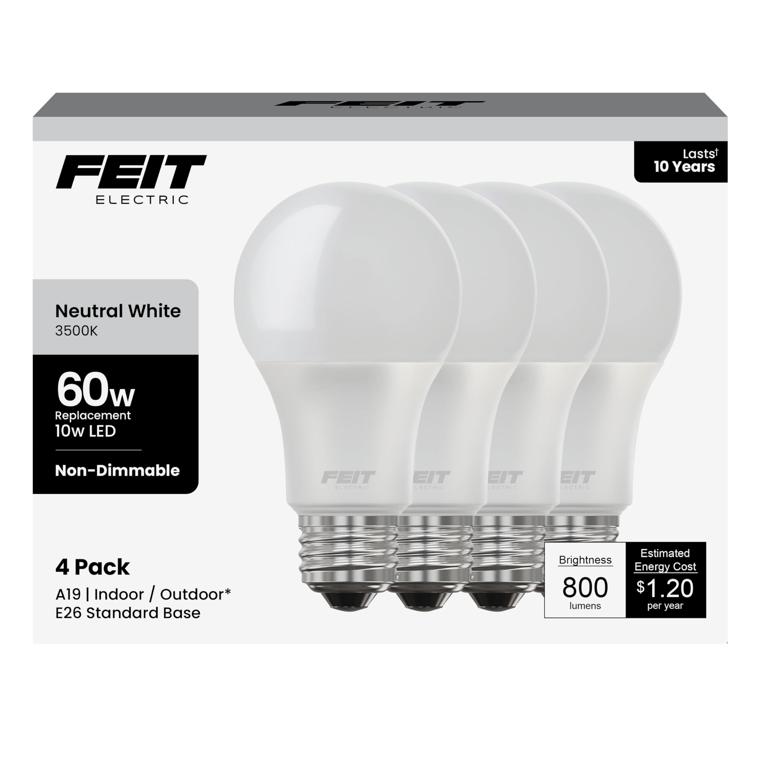 Feit Electric A19 LED Light Bulb, 60W Equivalent, E26 Medium Base, 800 Lumens, 3500K Neutral White, Non-Dimmable Standard Light Bulb, 10-year Lifetime, A800/835/10KLED/4, 4 Packs