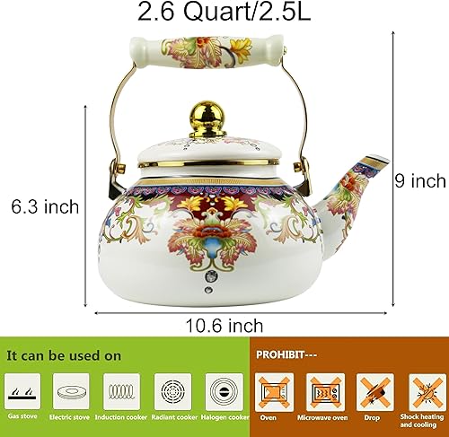 Miniatura 2 de Hervidor de té esmaltado floral de 2.5 litros con mango de cerámica, tetera para estufa, sin plomo, sin silbato, regalo ideal para los amantes del