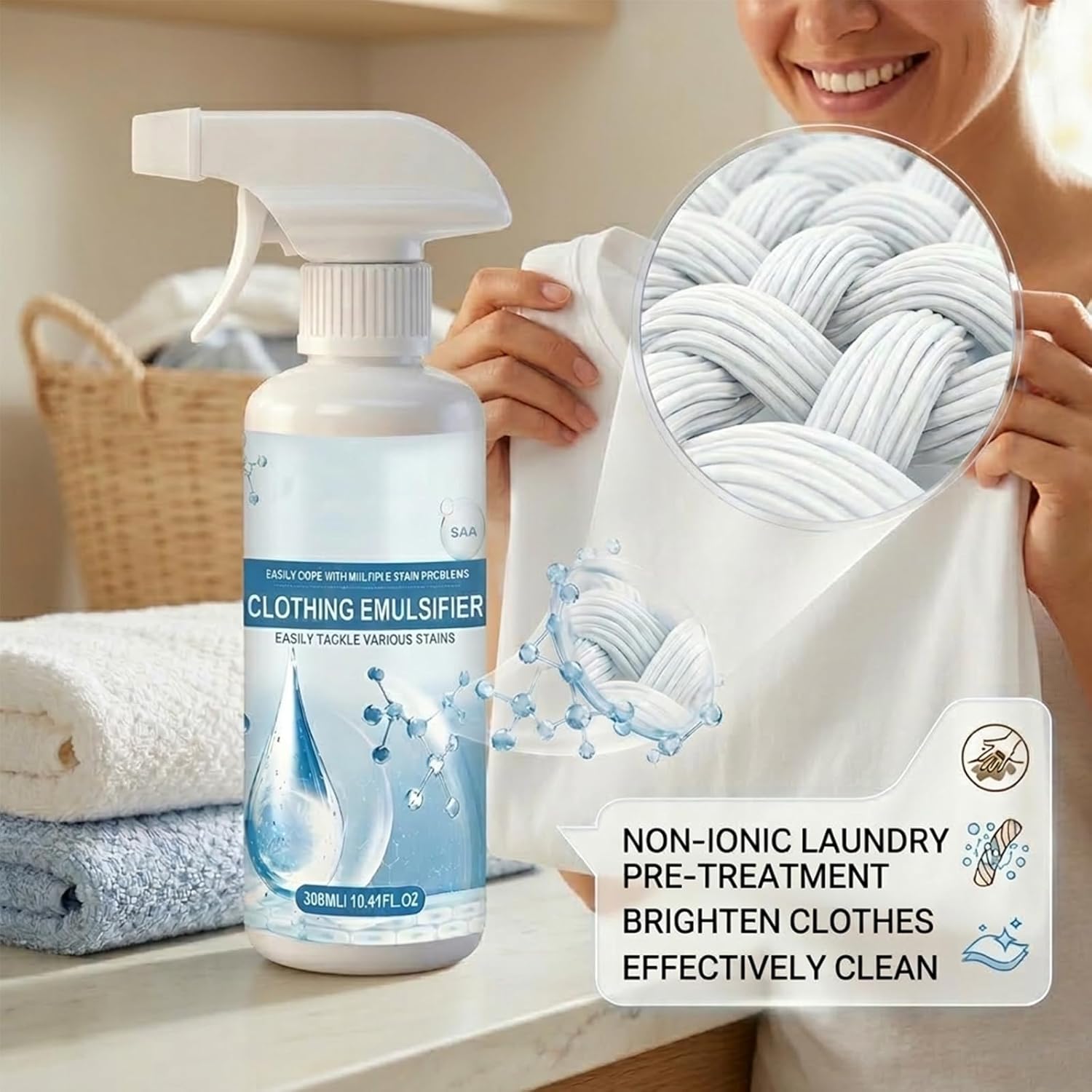 10OzClothing Emulsifier Laundry Cleaner Spray, Non-Ionic Fabric Stain Remover for Clothes, Pre-Treat Spot Cleaner for Oil, Grease & Food Stains, Fabric Care Laundry Spray (2 pcs)