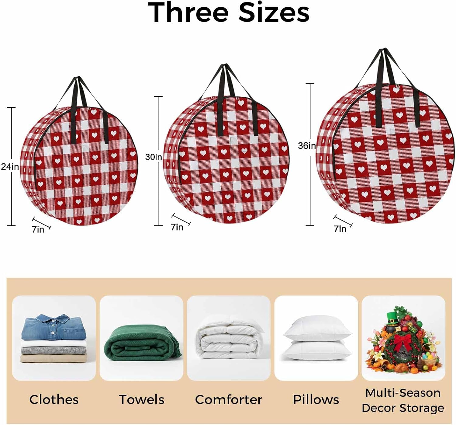 Valentine's Day Round Storage Bag 36 Inch, Romantic Love Heart Red White Plaid Clothes Storage Container with Handles Heavy Duty Organizer for Comforter, Bedding & Holiday Wreaths
