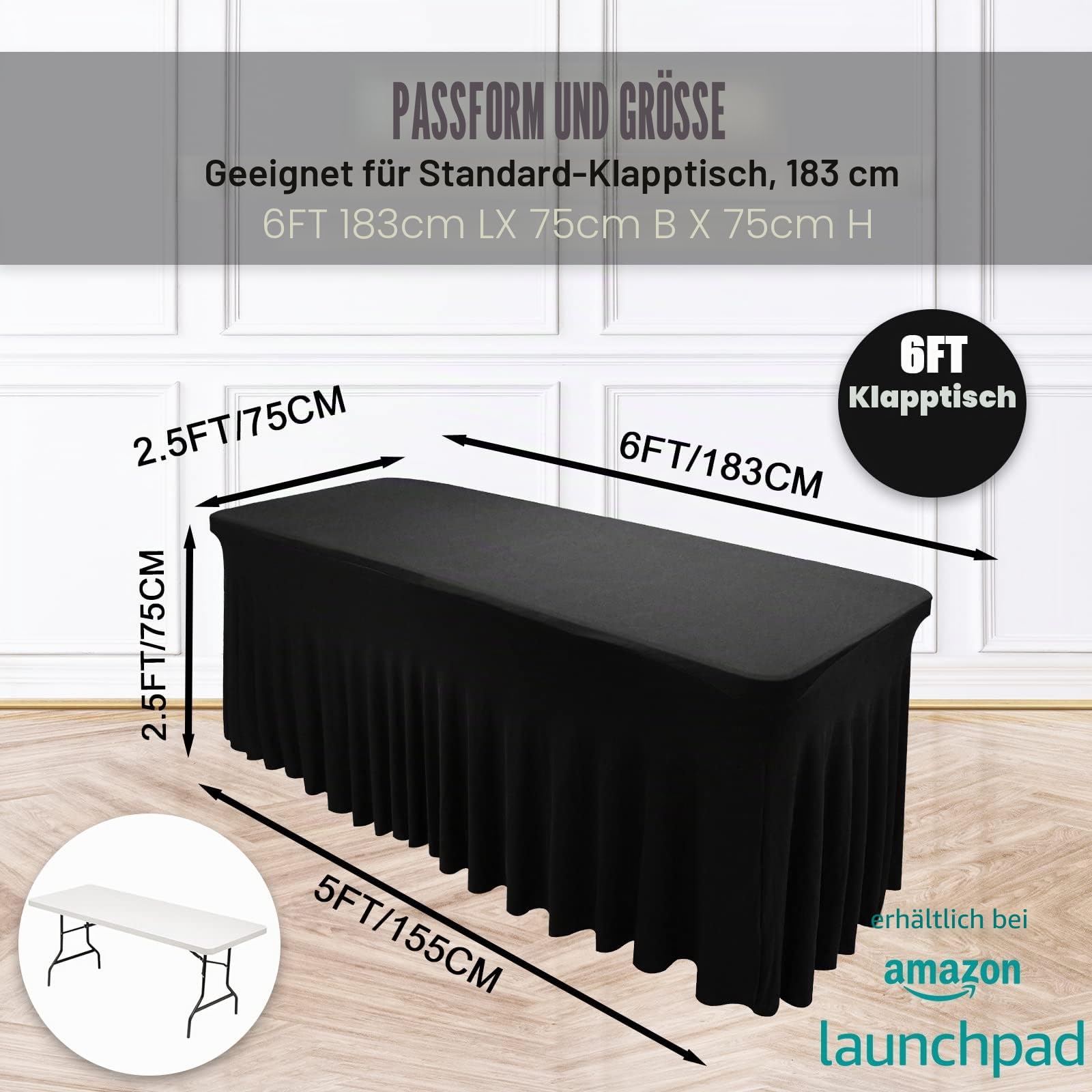 Spandex Tischröcke 1.8 m für rechteckigen Tisch, Tischabdeckung für 1.8 m Tisch mit Rock, taillierte rechteckige dehnbare Tischdecke für Hochzeit, Party, Ausstellungen, Handwerk,Schwarz