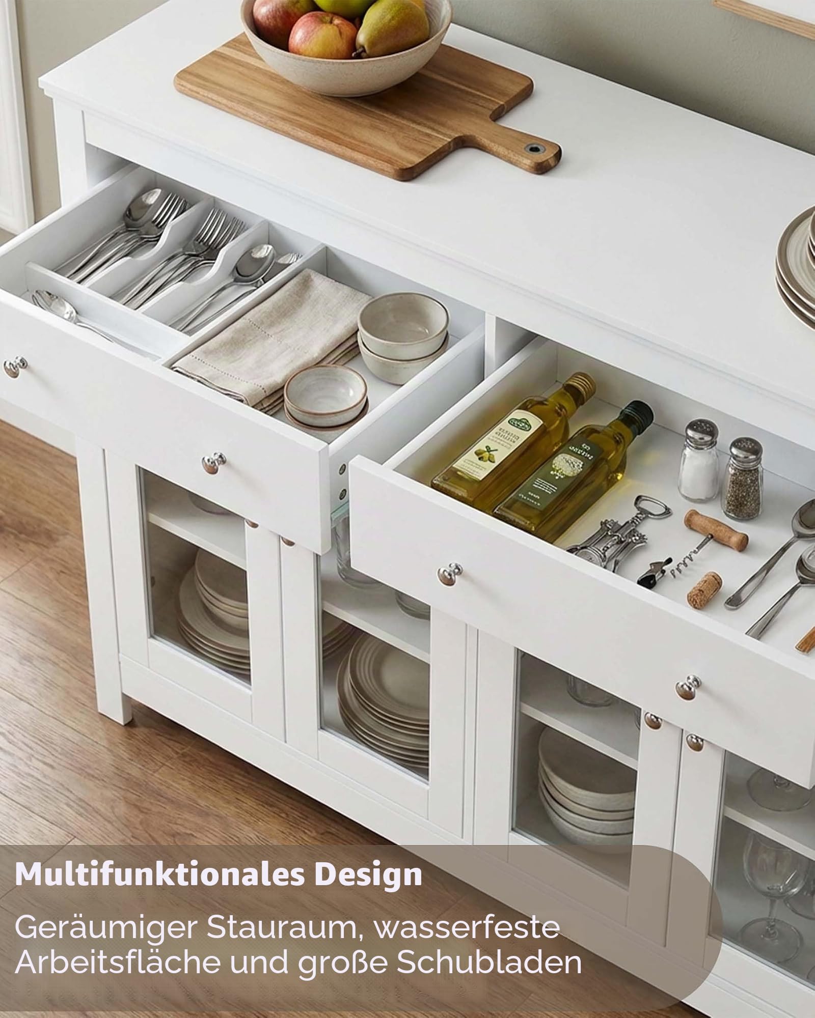 küchenschrank weiß Küchenregal Kaffeebar Landhausstil Sideboard mit 2 Schubladen Mikrowellenhalter Kaffeestation für Küche Esszimmer Stabiler Vintage Ablage 140x40x90 cm