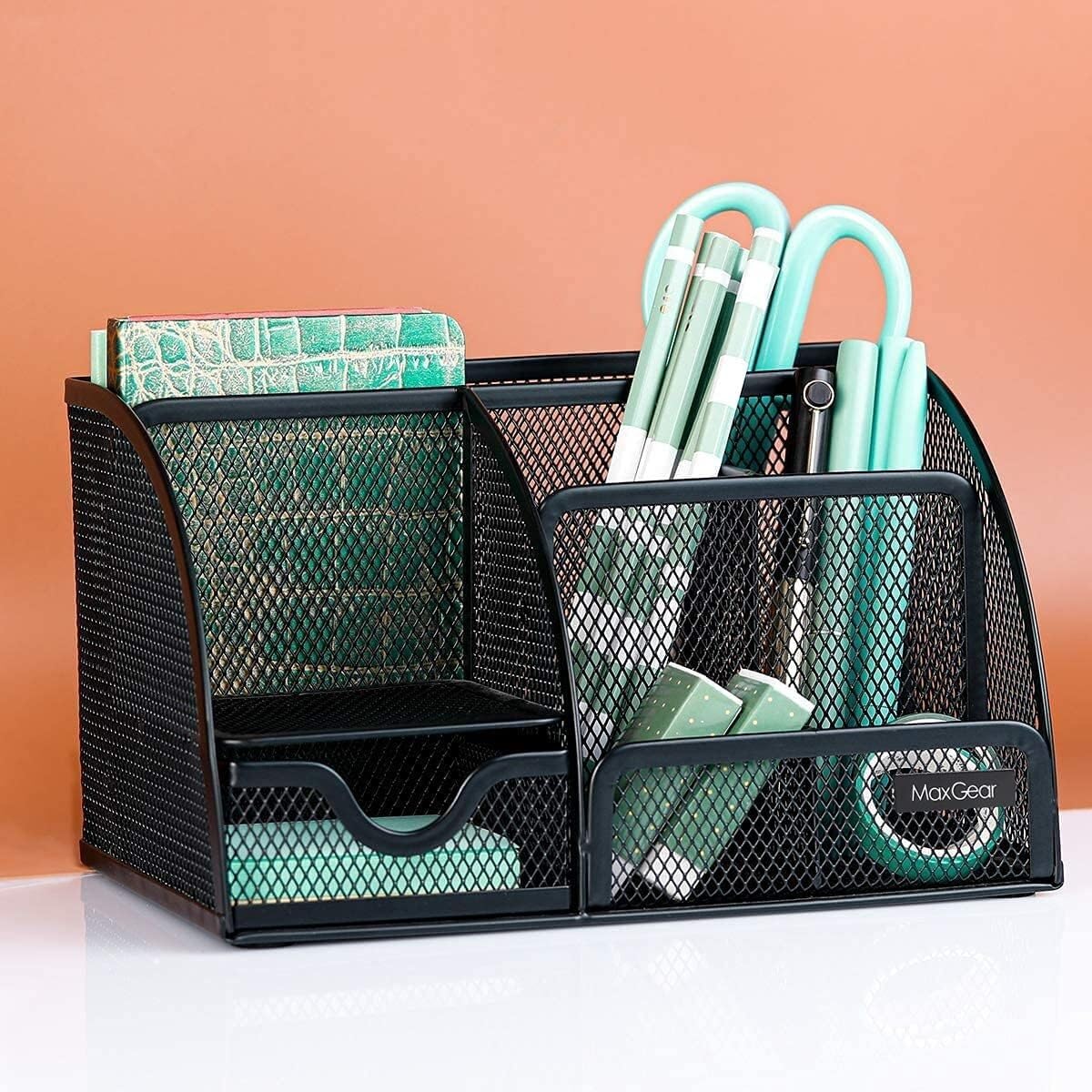 Organizzatore Scrivania Organizer da scrivania per Ufficio in Rete con cassetto in Metallo per cancelleria Nero, portaoggetti, 6 Scomparti Ufficio
