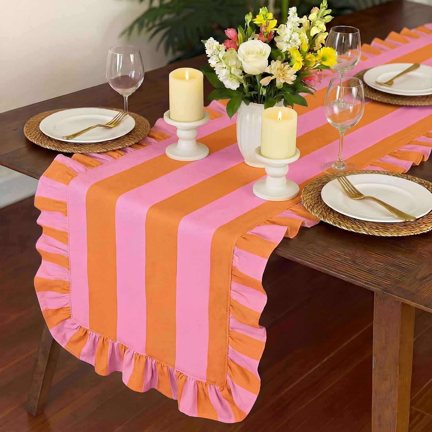 HunnmingRe Ruffle Edge Striped Table Runner 118 x 15.7 Inch Scalloped Table Cover Farmhouse Linen-Cotton Blend Fabric Tabletop Decor for Home Kitchen Dinner Wedding Bridal Shower Party
