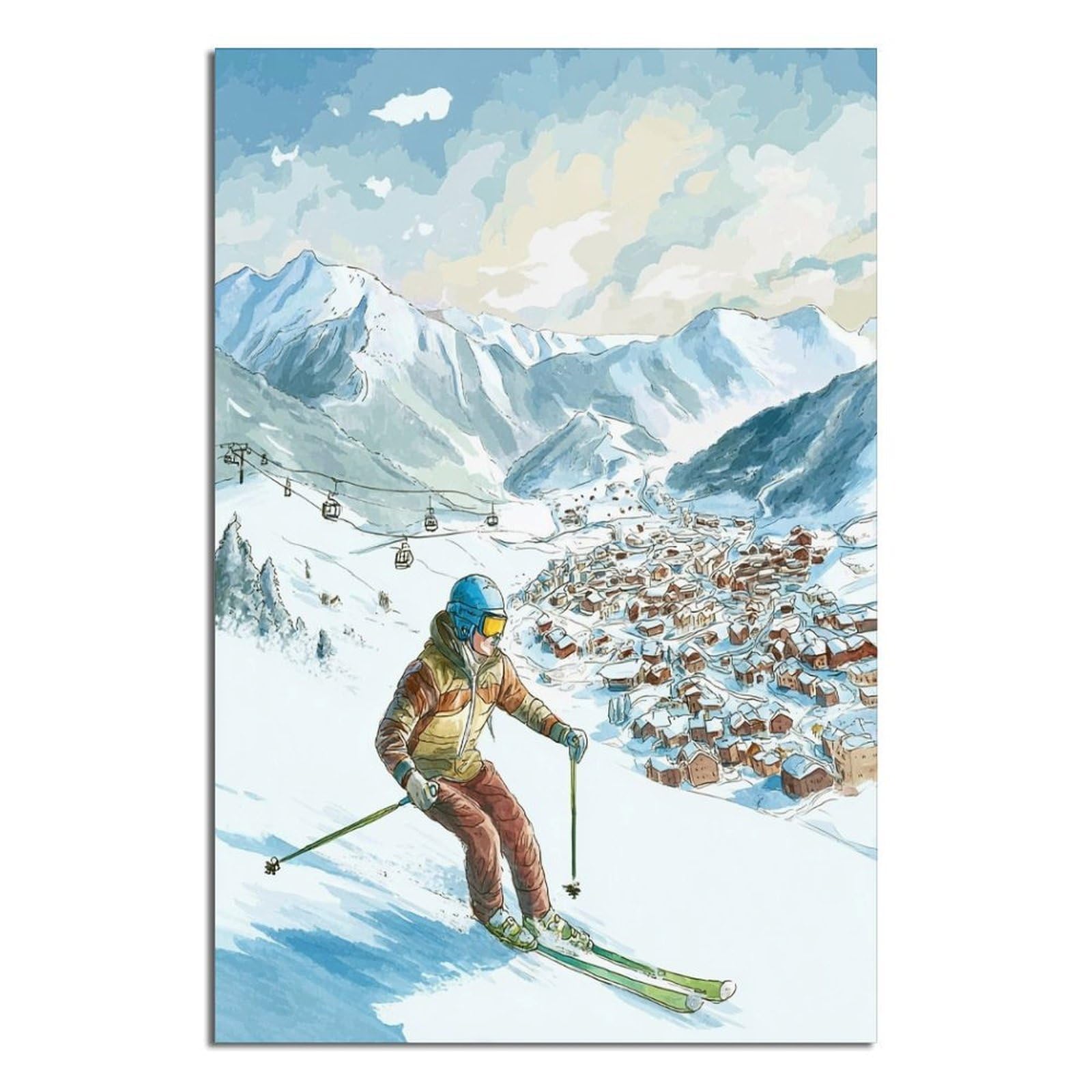 CFXNGA Andermatt Switzerland Ski Poster 24x36inch(60x90cm) Vintage Watercolor Canvas Art
