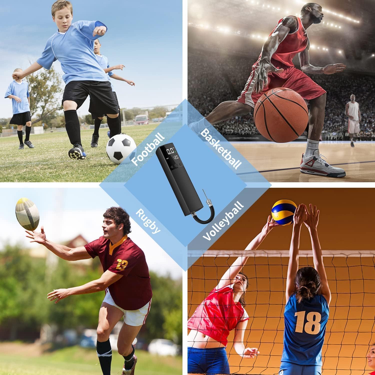 Kizplays Pompe à Ballon électrique Intelligente, Portable, gonflage Rapide de la Balle avec manomètre précis et écran LCD numérique pour Football, Basketball, Volley-Ball (2 Aiguilles et 1 buse)