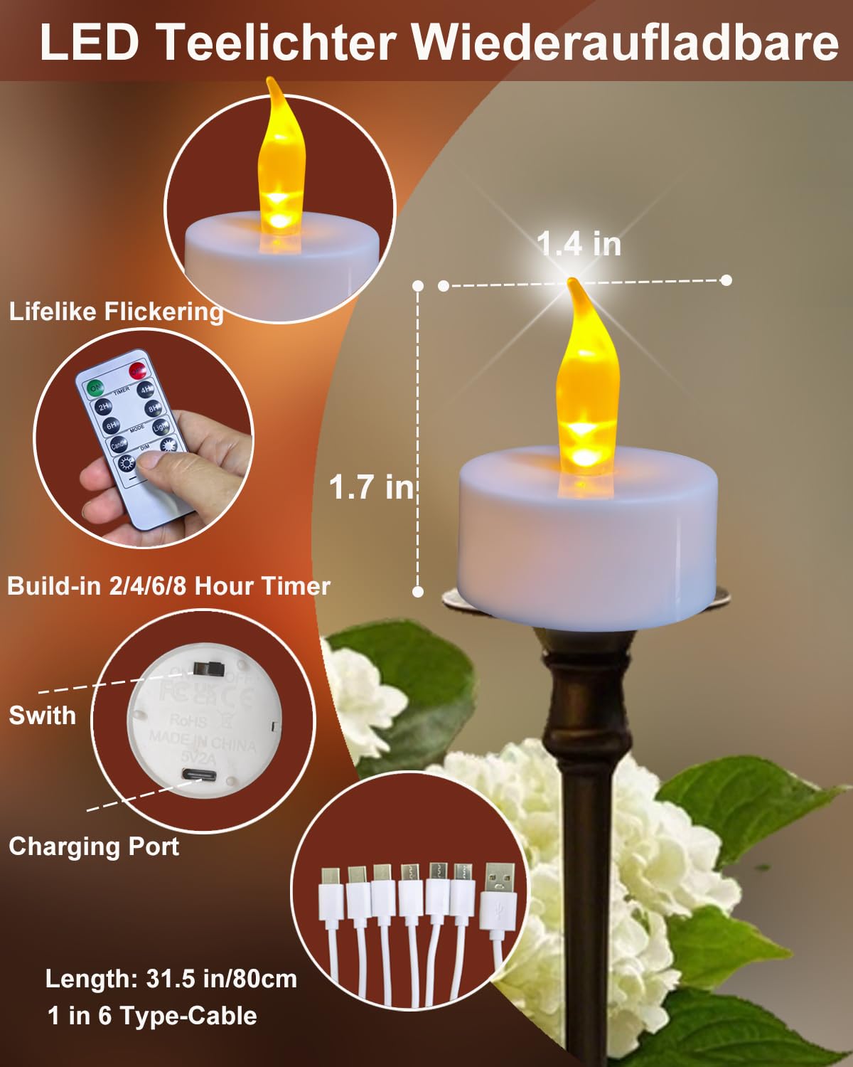 12 candele ricaricabili a LED, ricaricabili, con telecomando e timer, con cavo di ricarica USB a 6 porte, candele a LED, per matrimoni, feste, Halloween, colore giallo caldo