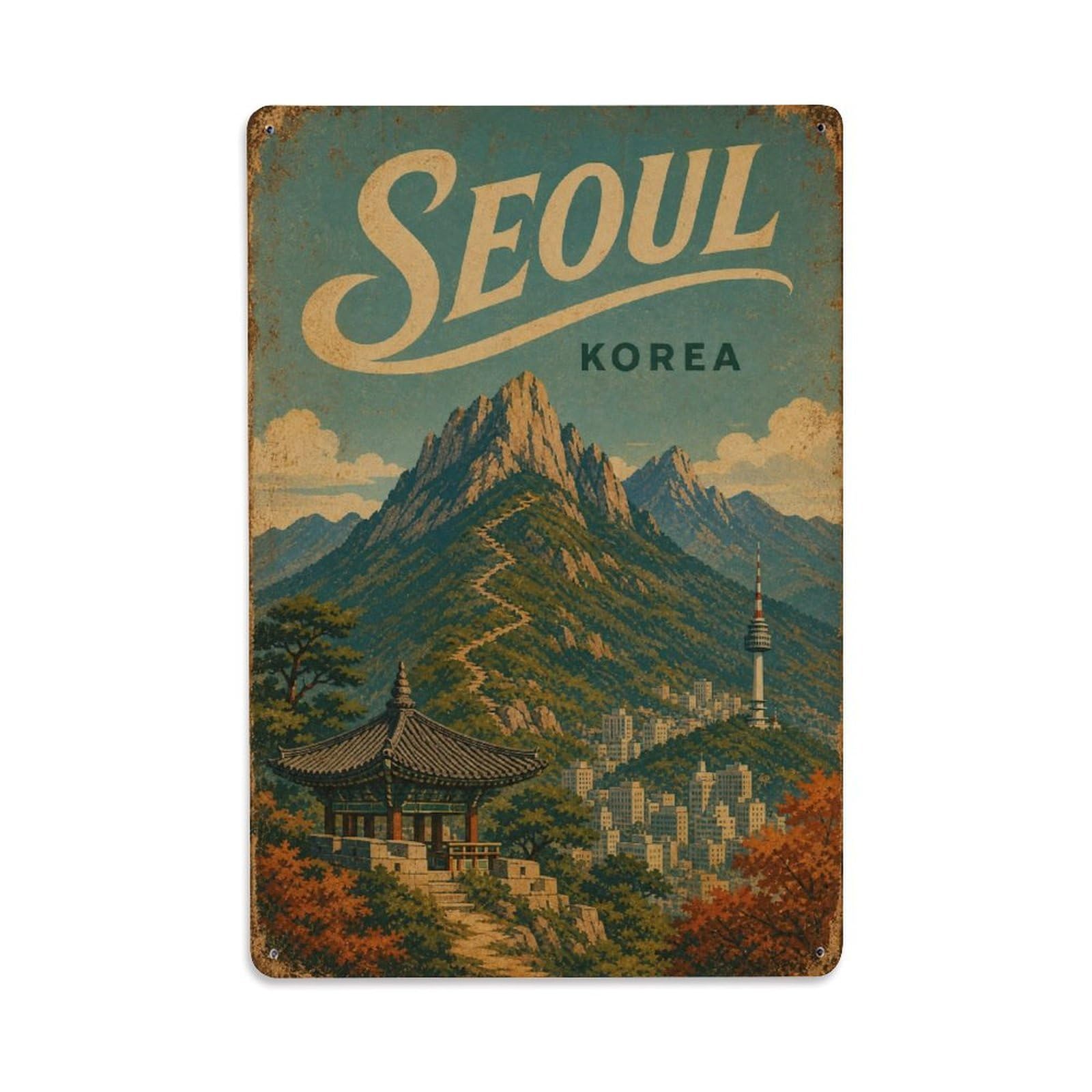 Travel Seoul South Korea Mountain Peaks Landmark Metal Tin Sign