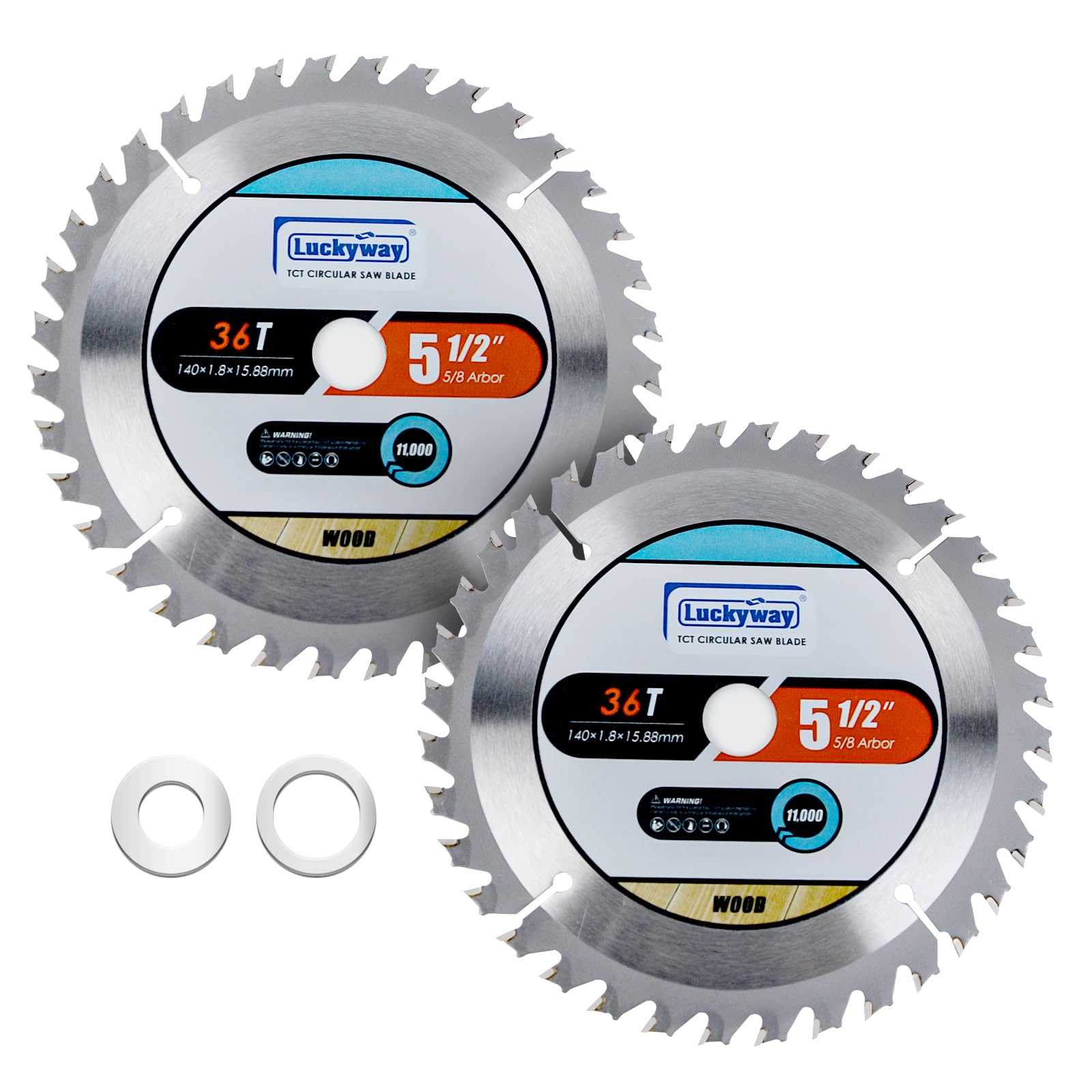 Luckyway 5-1/2 Inch Circular Saw Blade 36T Finishing with 5/8 Inch Arbor Trimming Saw Blade, Cordless Trim Saw Blade for Cutting Wood 2-Pack (1/2-Inch and 10-mm Reducer Bushings Include)