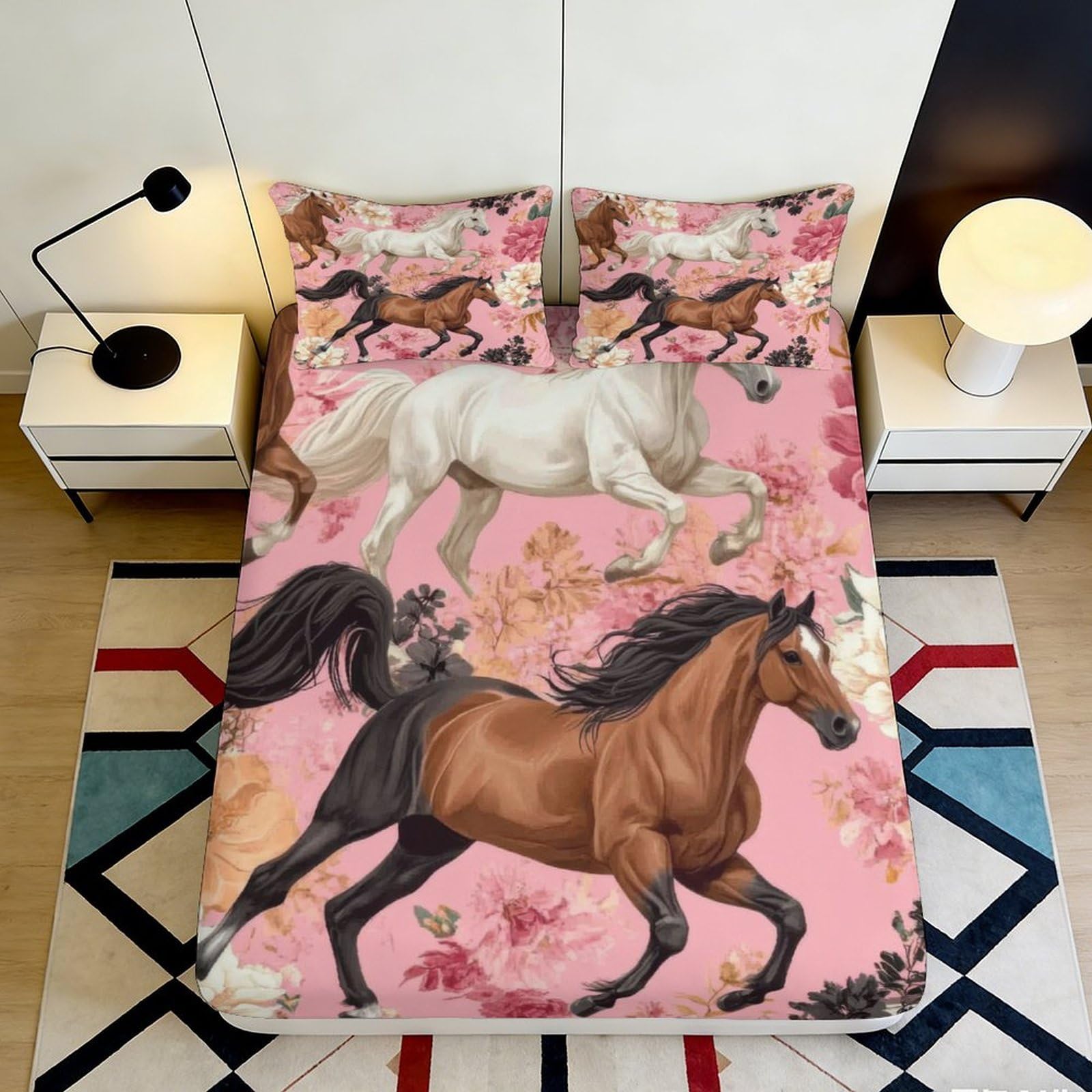 3D Printed Running Horse Floral Fitted Sheet Microfiber Non Slip Bed Cover for Bedroom Dorm Easy Care 200x200x25cm