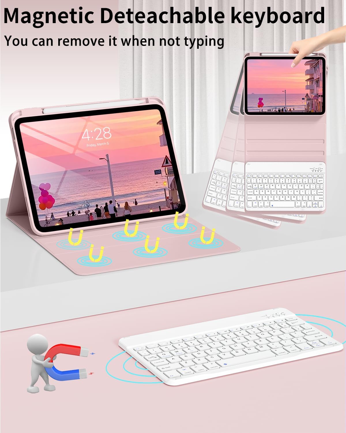 for iPad A16 11th 10th Generation Case with Keyboard - Wireless Detachable Folio Keyboard Cover with Pencil Holder for iPad 11/10.9 inch 2025/2022 (Pink)