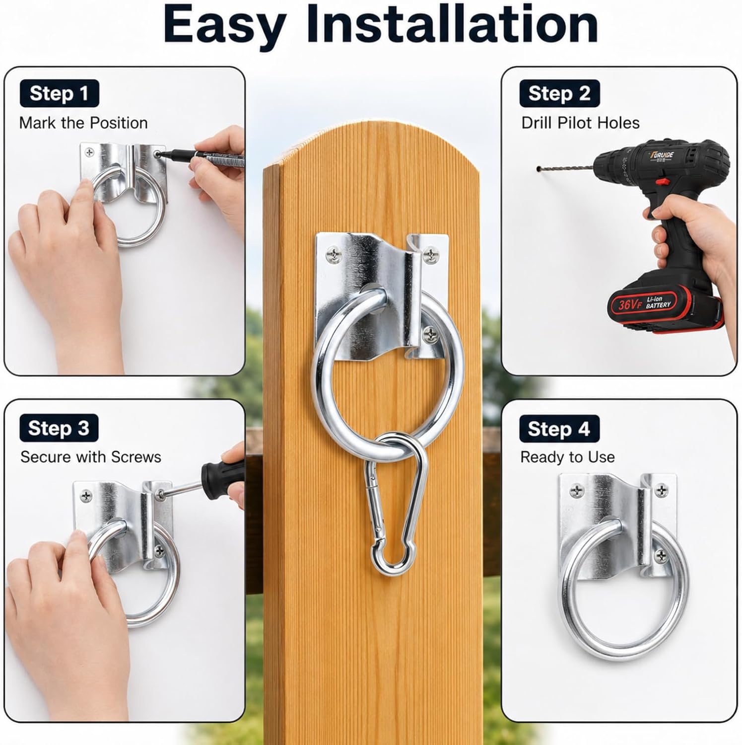 4pcs Horse Tie Rings with Snap Hooks and Screws for Barn Stall Trailer | Complete 4-ring set with 4 snap hooks and 16 screws for horse stalls, barns, trailers, hay nets, buckets and lead ropes