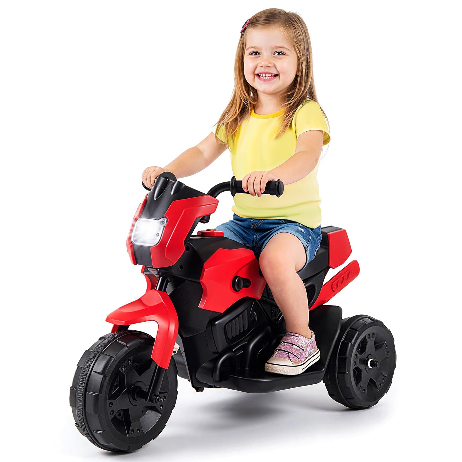 GOPLUS 6V Moto Électrique Enfants 3-6 Ans à 3 Roues, Voiture Electrique Enfant Phare LED, Pédale, Direction Limitée, 2-3 km/h pour Enfants Filles et Garçons, Charge 20KG (Rouge)