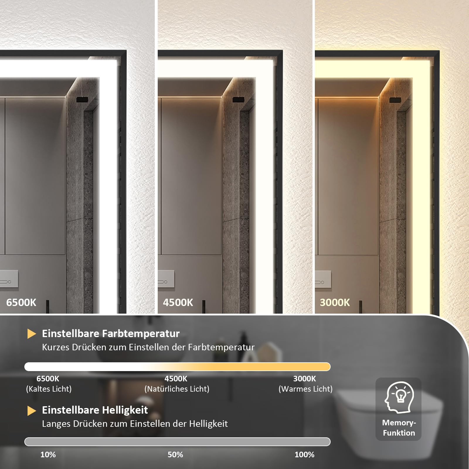 YOURLITE Badspiegel mit Beleuchtung 50x70,Badezimmerspiegel Led Badspiegel,UhrTouch-Schalter,Spiegel Bad mit Beleuchtung,3Lichtfarben Dimmbar,Antibeschlag,Wandspiegel,Speicherfunktion,Vertikal,Schwarz