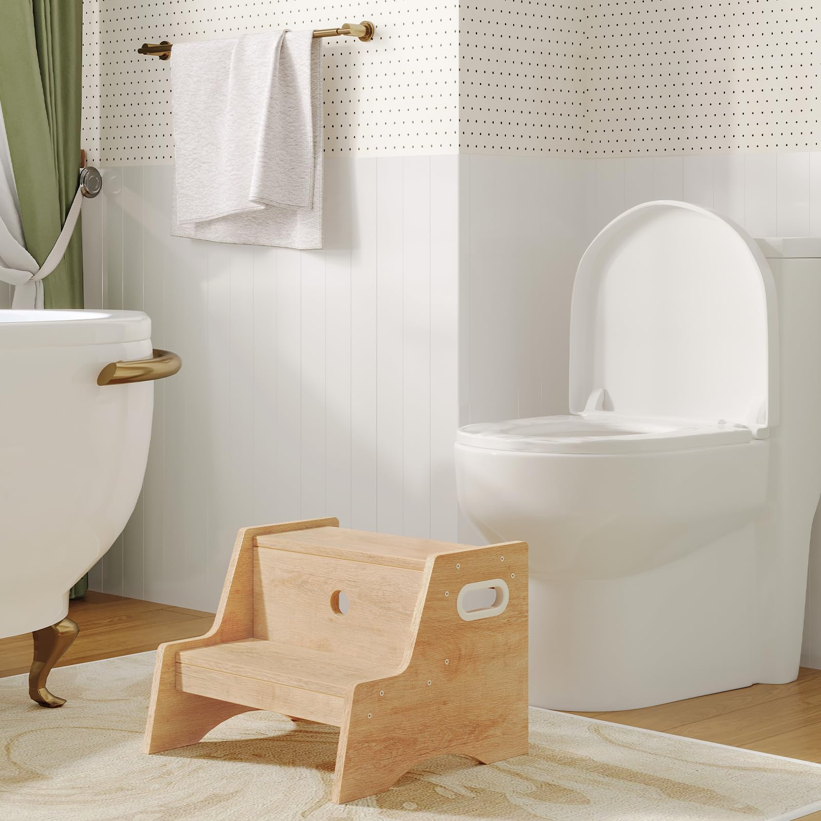 HOOBRO Marche Pied à 2 Niveaux pour Enfants, Tabouret pour Enfants avec poignées découpées et Pattes antidérapantes, Escabeau de Toilettes, pour Salle de Bain, Couleur Bois ENL05JD01