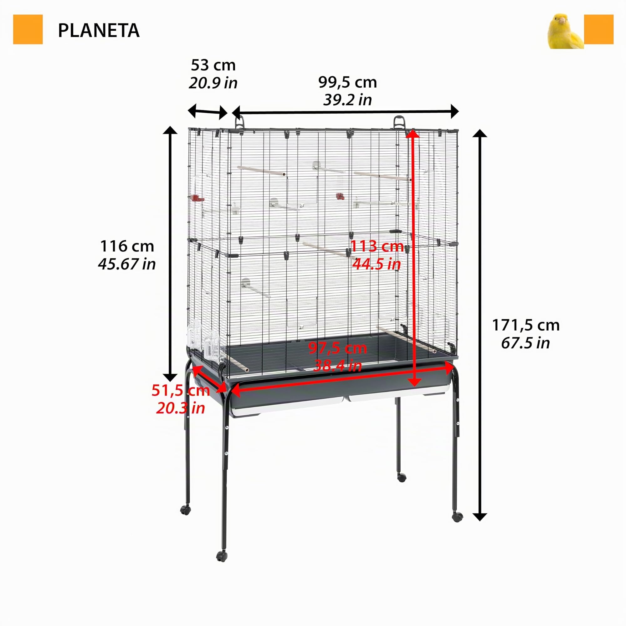 Ferplast Vogelkäfig Vogelvoliere Wellensittich Käfig Exotenkäfig, inkl. Stand mit Rädern, Vogel-Futternapf, Vogel-Sitzstangen, Schwarz, 100 x 53 x h172 cm