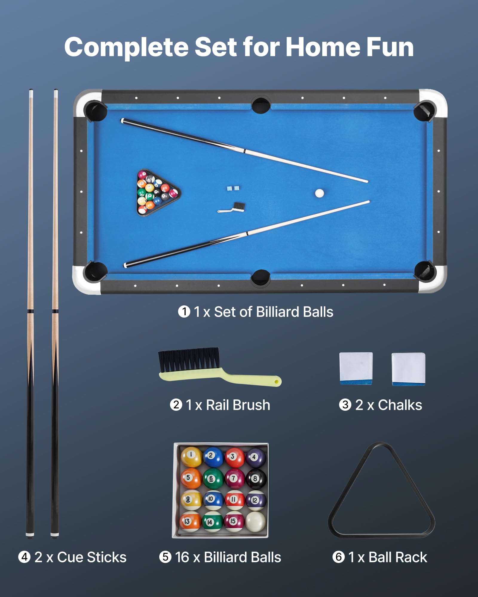 VEVOR Table de Billard 2135 mm, kit de Billard Portable, Pieds réglables, Ensemble d'accessoires complets avec Boule, Queue, Support, Craie et Pinceau, pour Domicile, Club, Noir avec Tissu Bleu