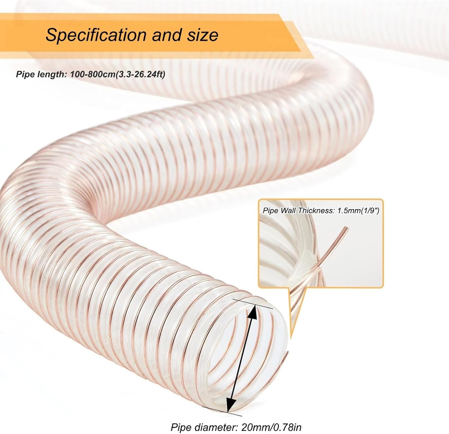 100-800cm Industrial Vacuum Hose, Transparent PU Dust Collection Pipe, 1.2mm Wall Thickness