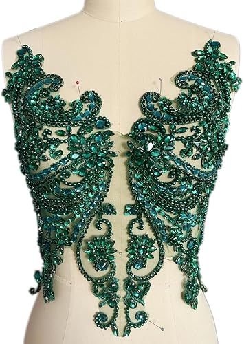 Apliques de encaje hechos a mano con diamantes de imitación para coser en cuentas de vidrio, accesorios para ropa de vestir (verde oscuro)